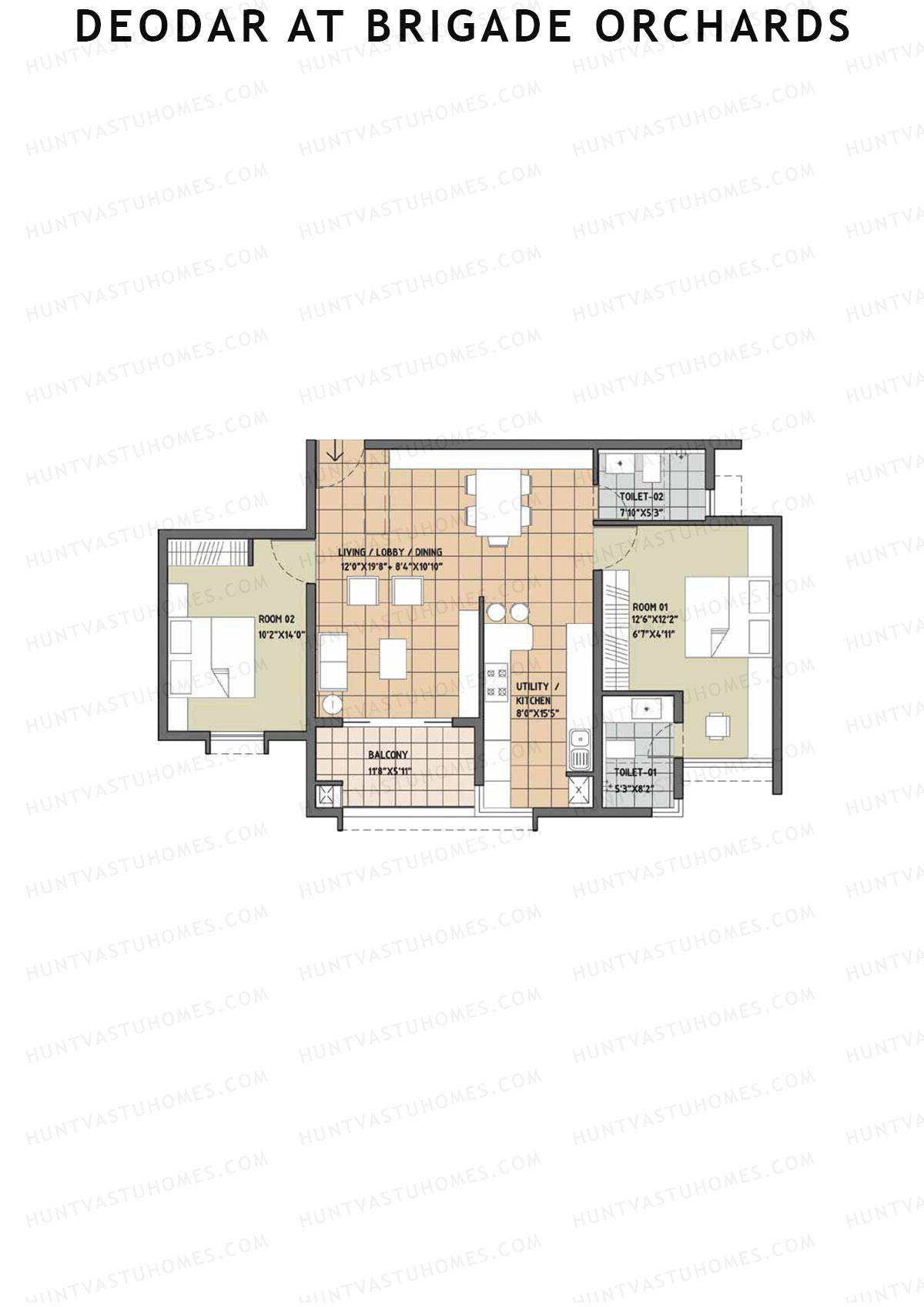 Deodar at Brigade Orchards, Tower A, Unit 7, 2BHK, Super Area 1380   sq ft 