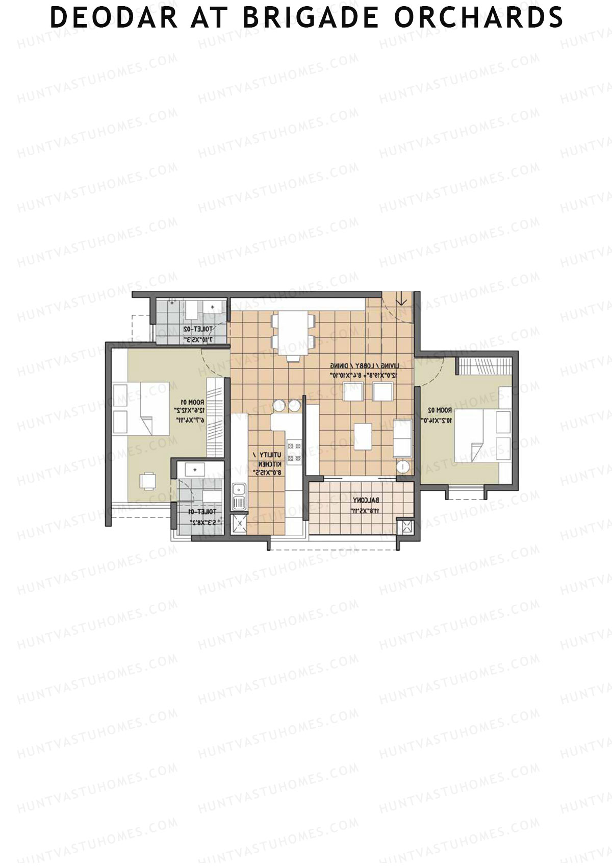 Deodar at Brigade Orchards, Tower B, Unit 10, 2BHK, Super Area 1380   sq ft 