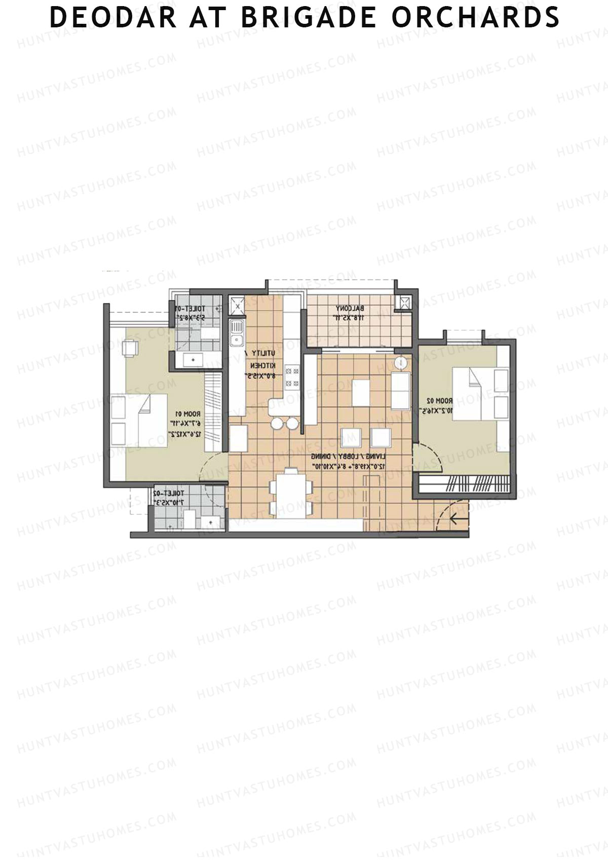 Deodar at Brigade Orchards, Tower B, Unit 11, 2BHK, Super Area 1390   sq ft 