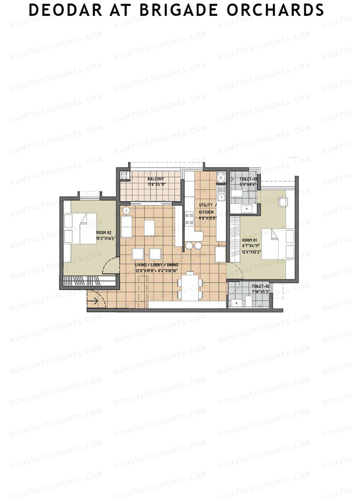 Deodar at Brigade Orchards, Tower B, Unit 13, 2BHK, Super Area 1390   sq ft 
