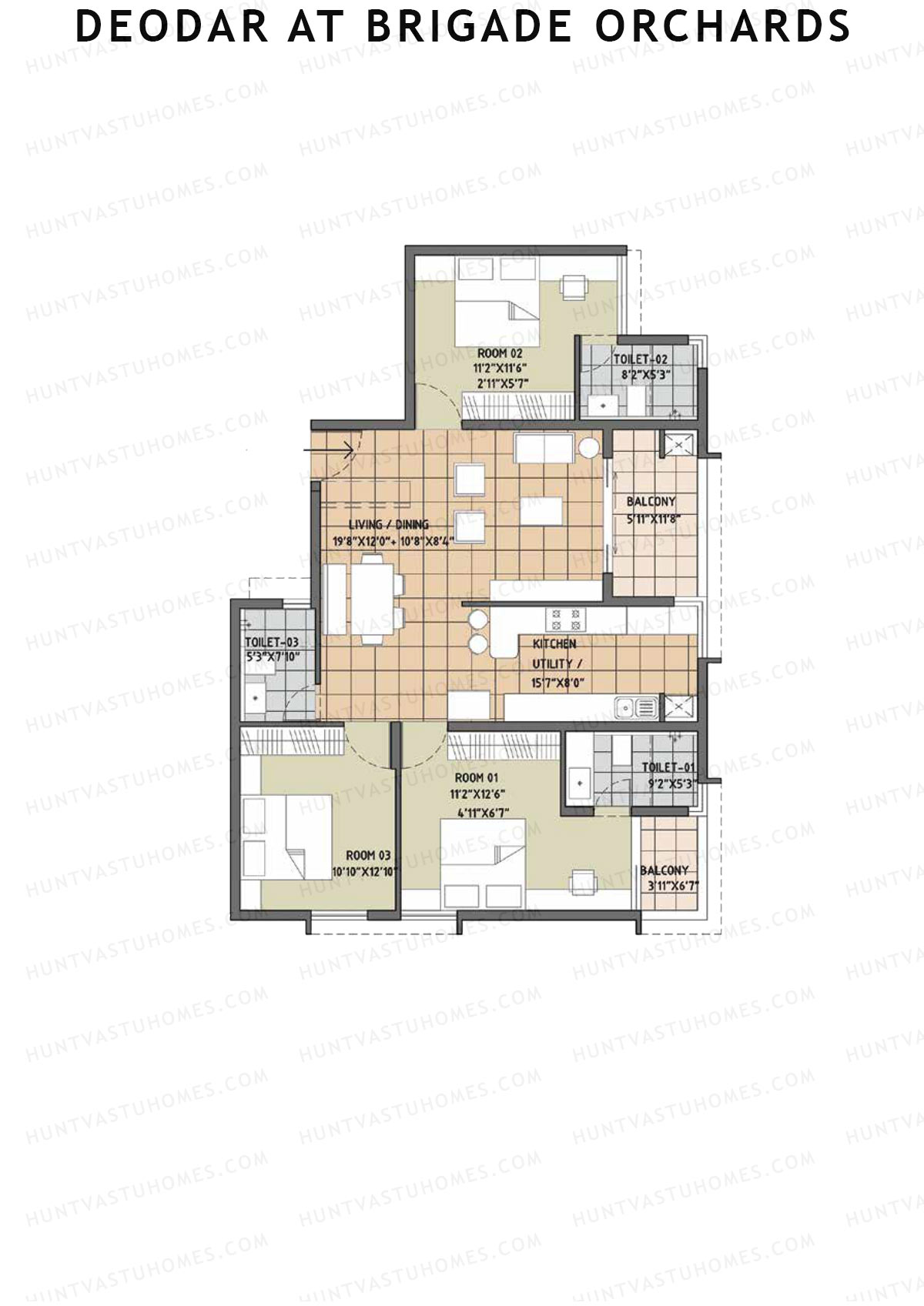 Deodar at Brigade Orchards, Tower B, Unit 8, 3BHK, Super Area 1670   sq ft 