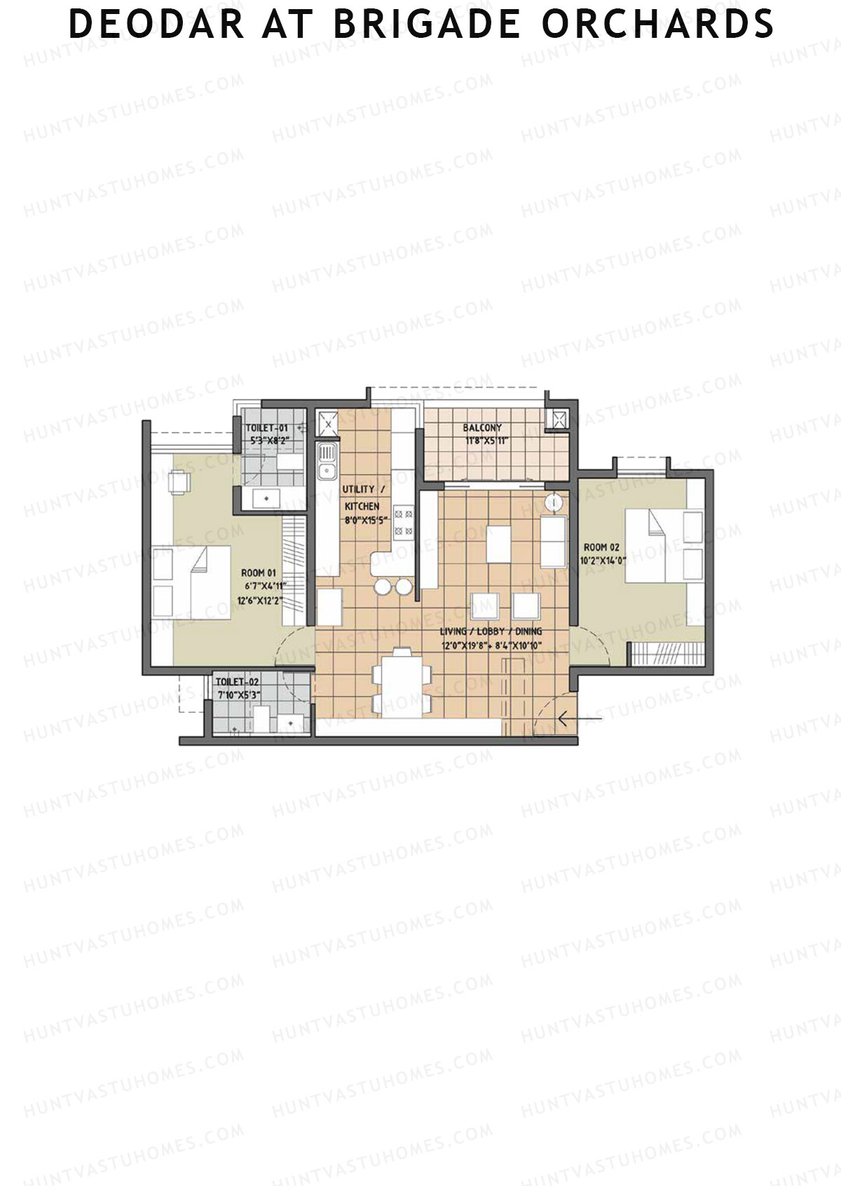 Deodar at Brigade Orchards, Tower D, Unit 23, 2BHK, Super Area 1360   sq ft 