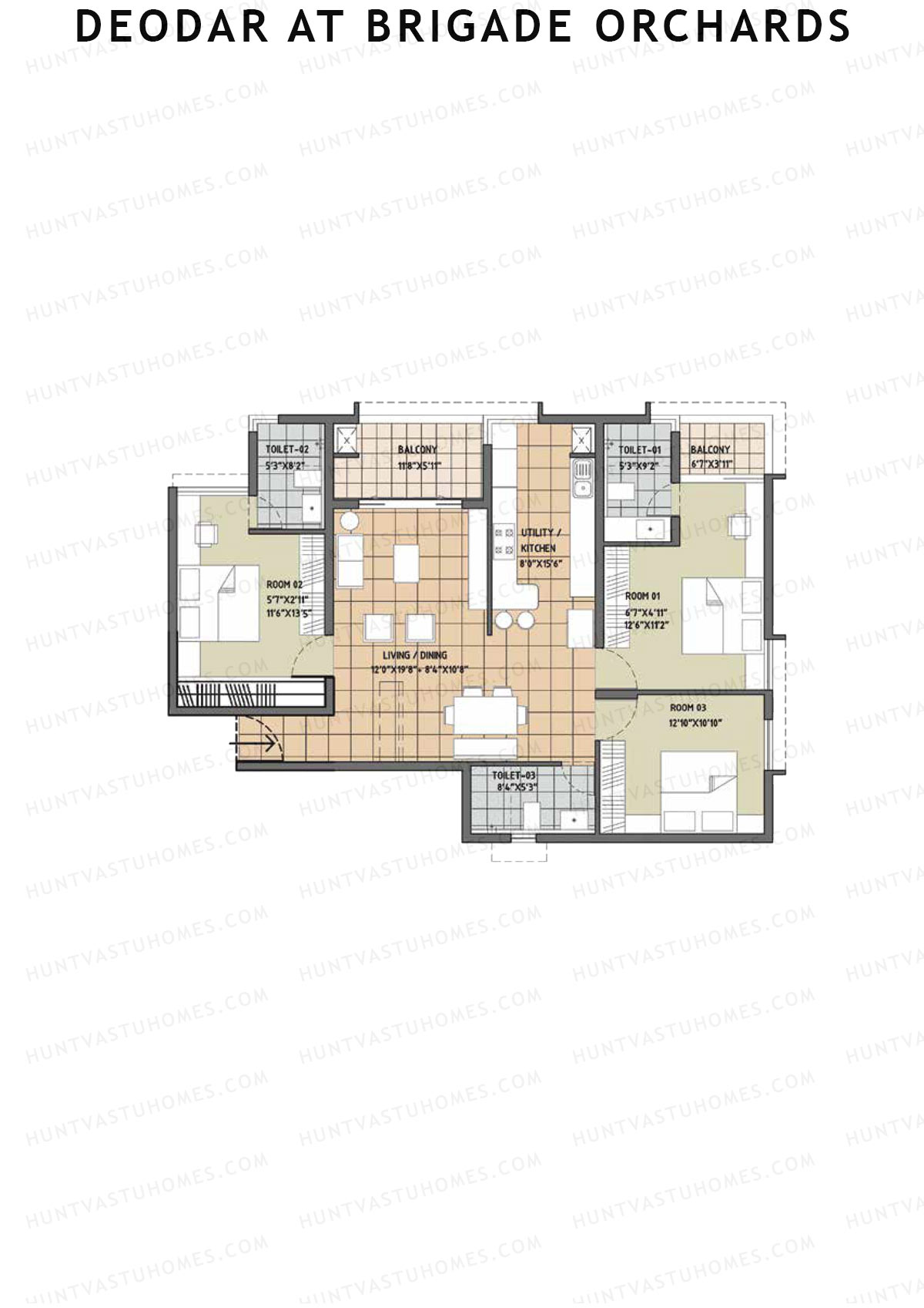 Deodar at Brigade Orchards, Tower D, Unit 24, 3BHK, Super Area 1740   sq ft 
