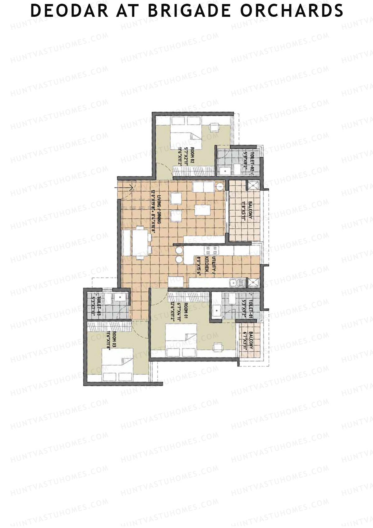 Deodar at Brigade Orchards, Tower D, Unit 27, 3BHK, Super Area 1700   sq ft 