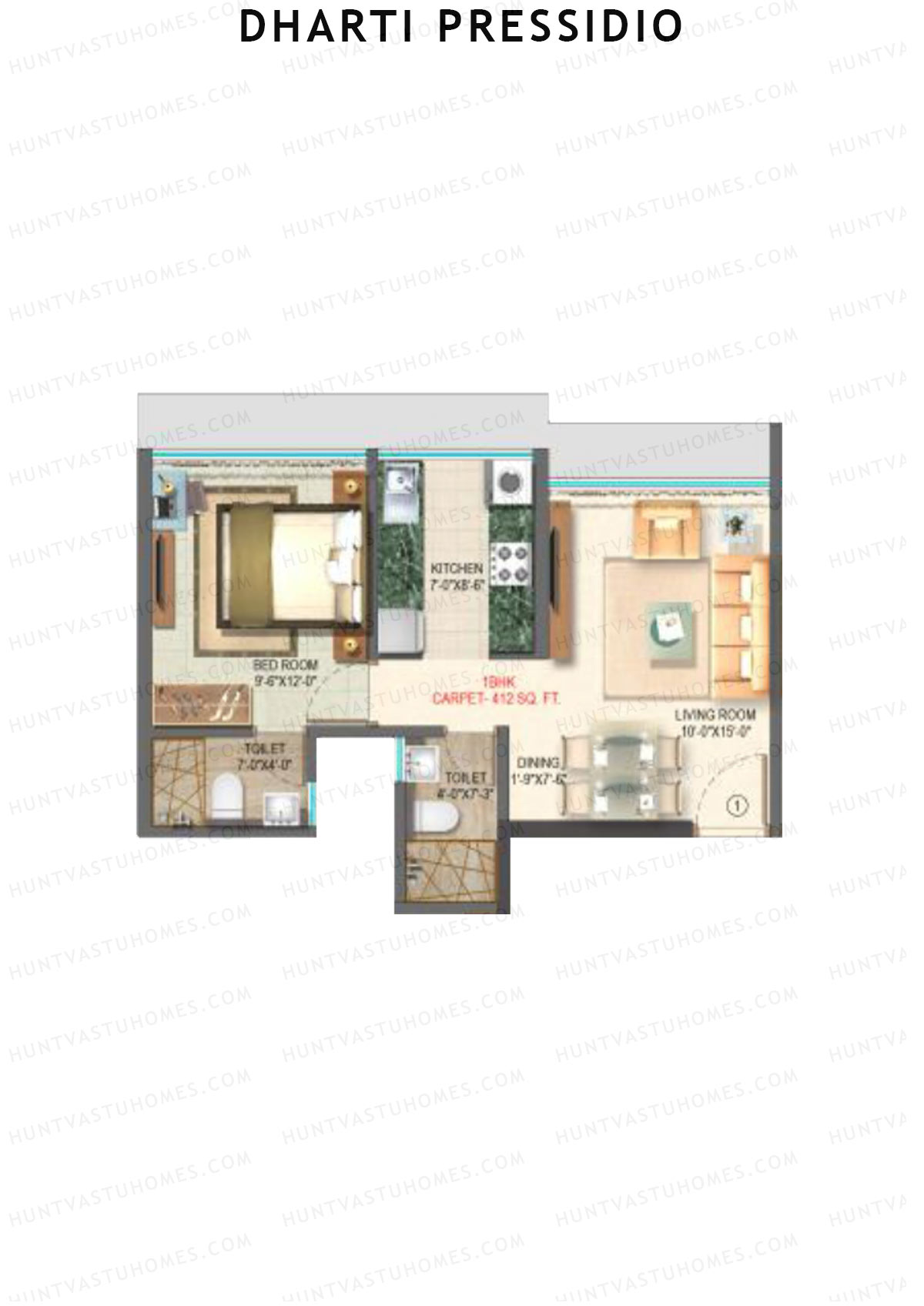 Dharti Pressidio, Wing A, Unit 1, 1BHK, Carpet Area 412   sq ft 