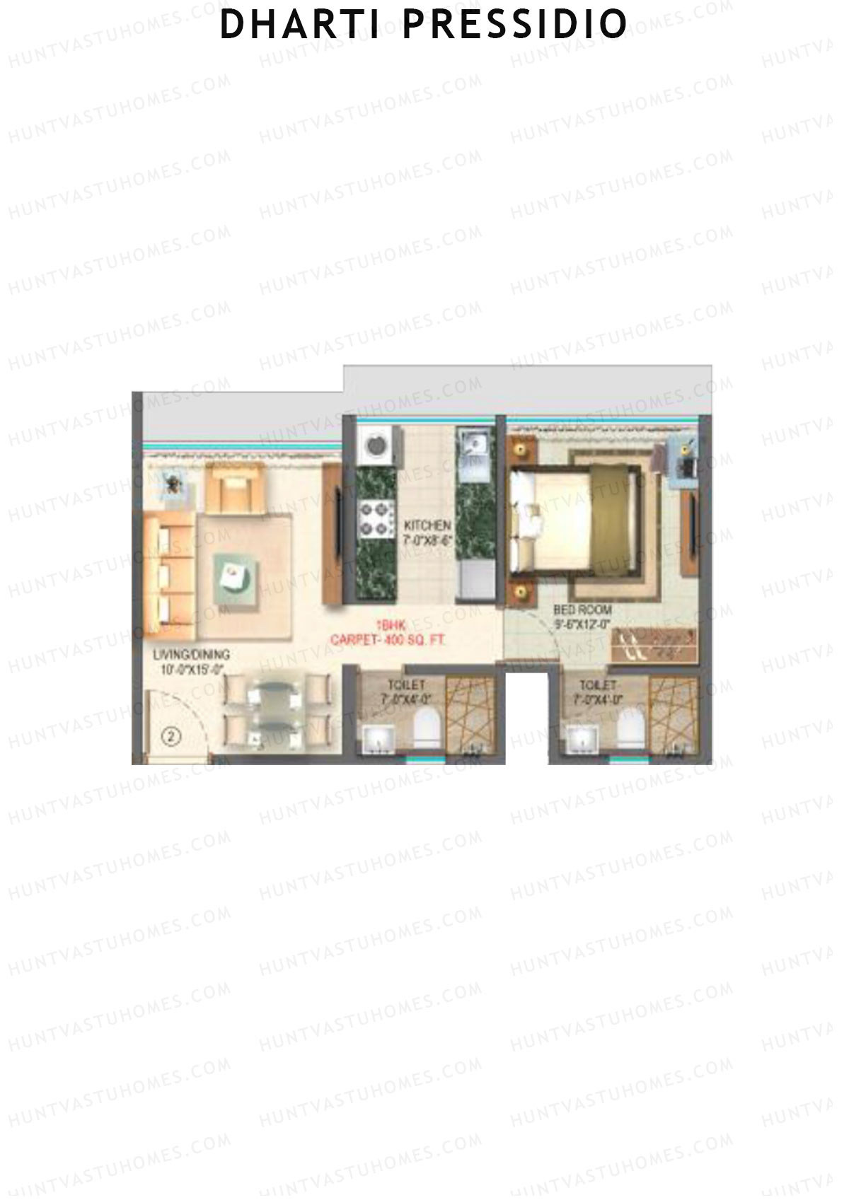 Dharti Pressidio, Wing A, Unit 2, 1BHK, Carpet Area 400   sq ft 