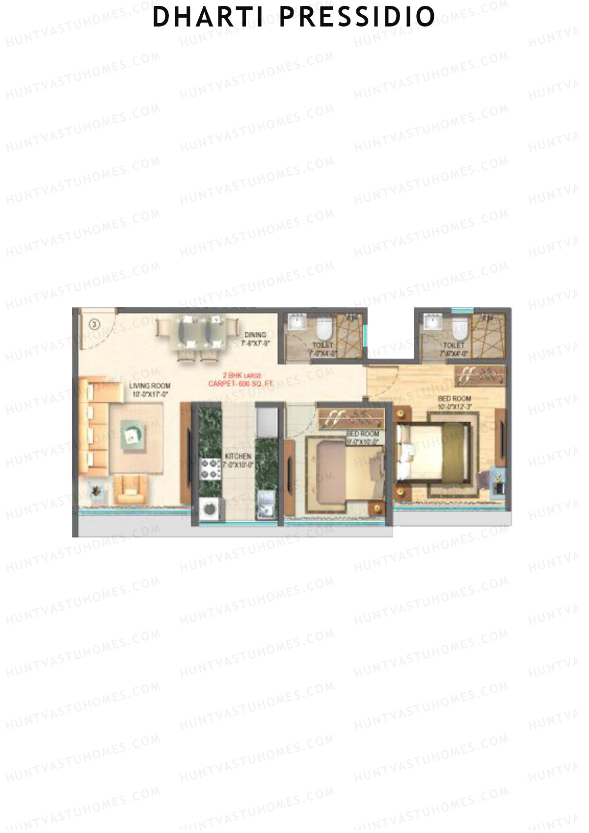 Dharti Pressidio, Wing A, Unit 3, 2BHK, Carpet Area 600   sq ft 