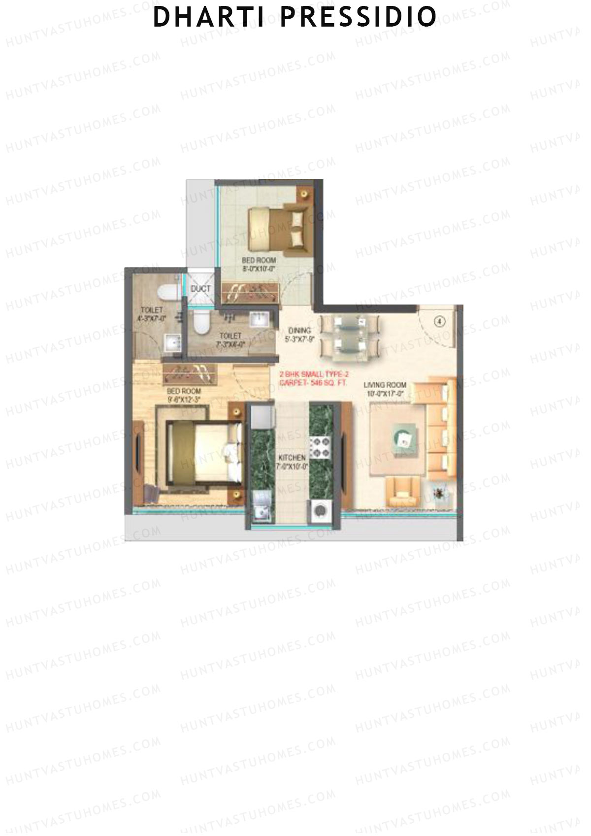 Dharti Pressidio, Wing A, Unit 4 (Type 2), 2BHK, Carpet Area 545   sq ft 