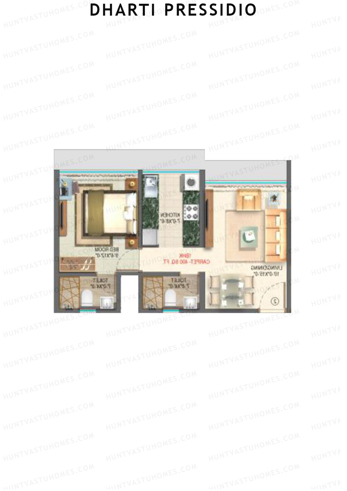 Dharti Pressidio, Wing B, Unit 1, 1BHK, Carpet Area 400   sq ft 
