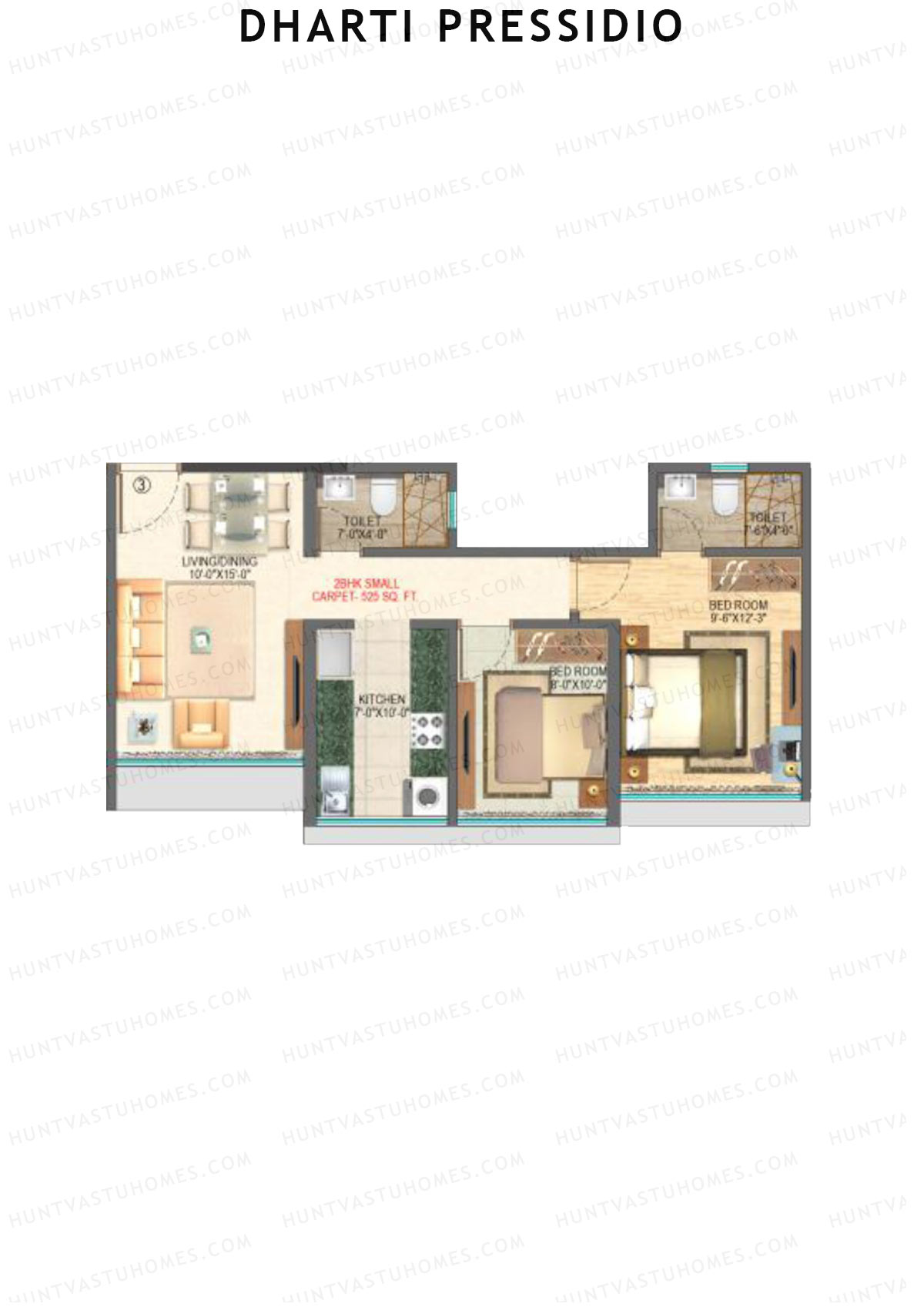 Dharti Pressidio, Wing B, Unit 3, 2BHK, Carpet Area 525   sq ft 