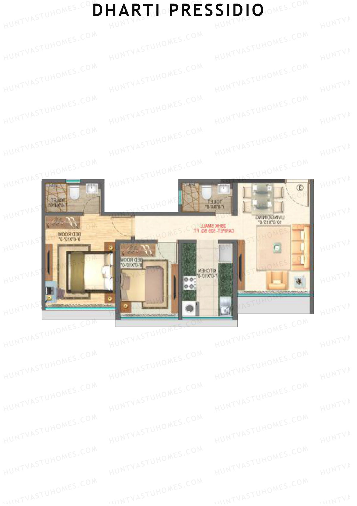 Dharti Pressidio, Wing B, Unit 4, 2BHK, Carpet Area 525   sq ft 
