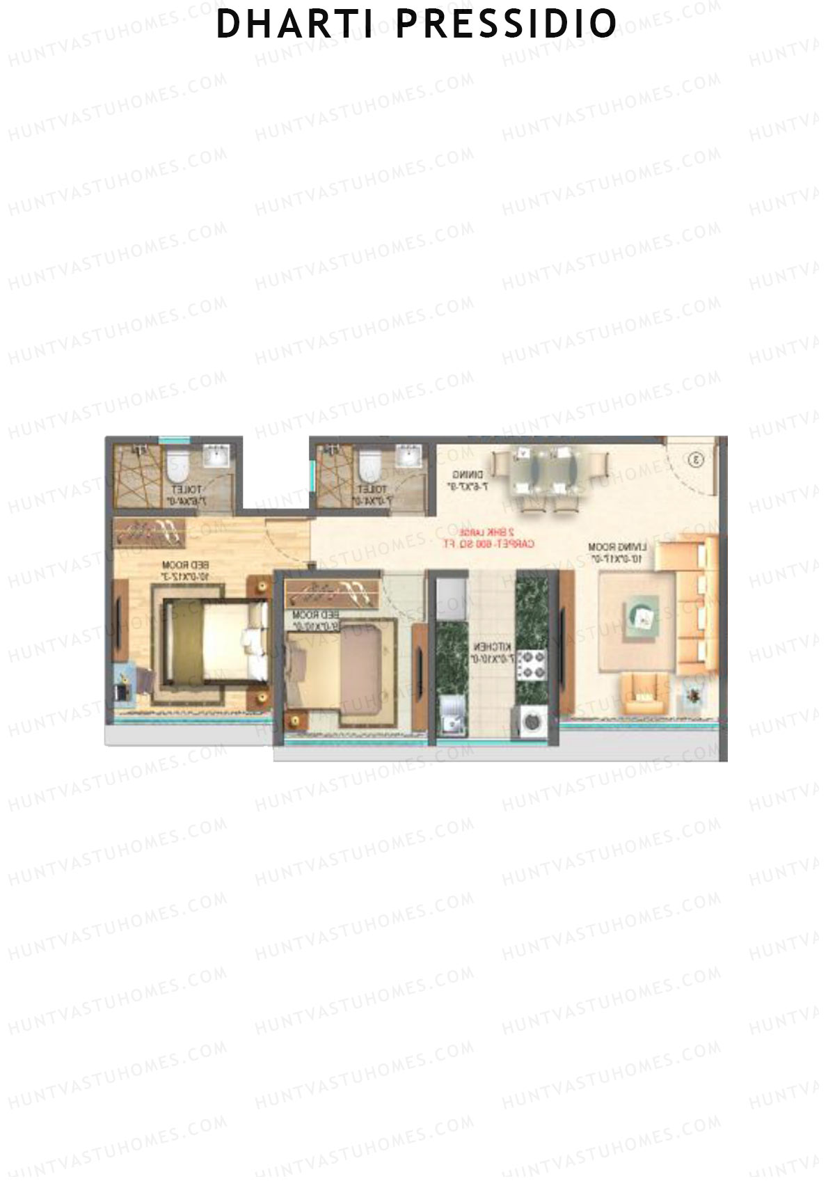 Dharti Pressidio, Wing C, Unit 4, 2BHK, Carpet Area 600   sq ft 