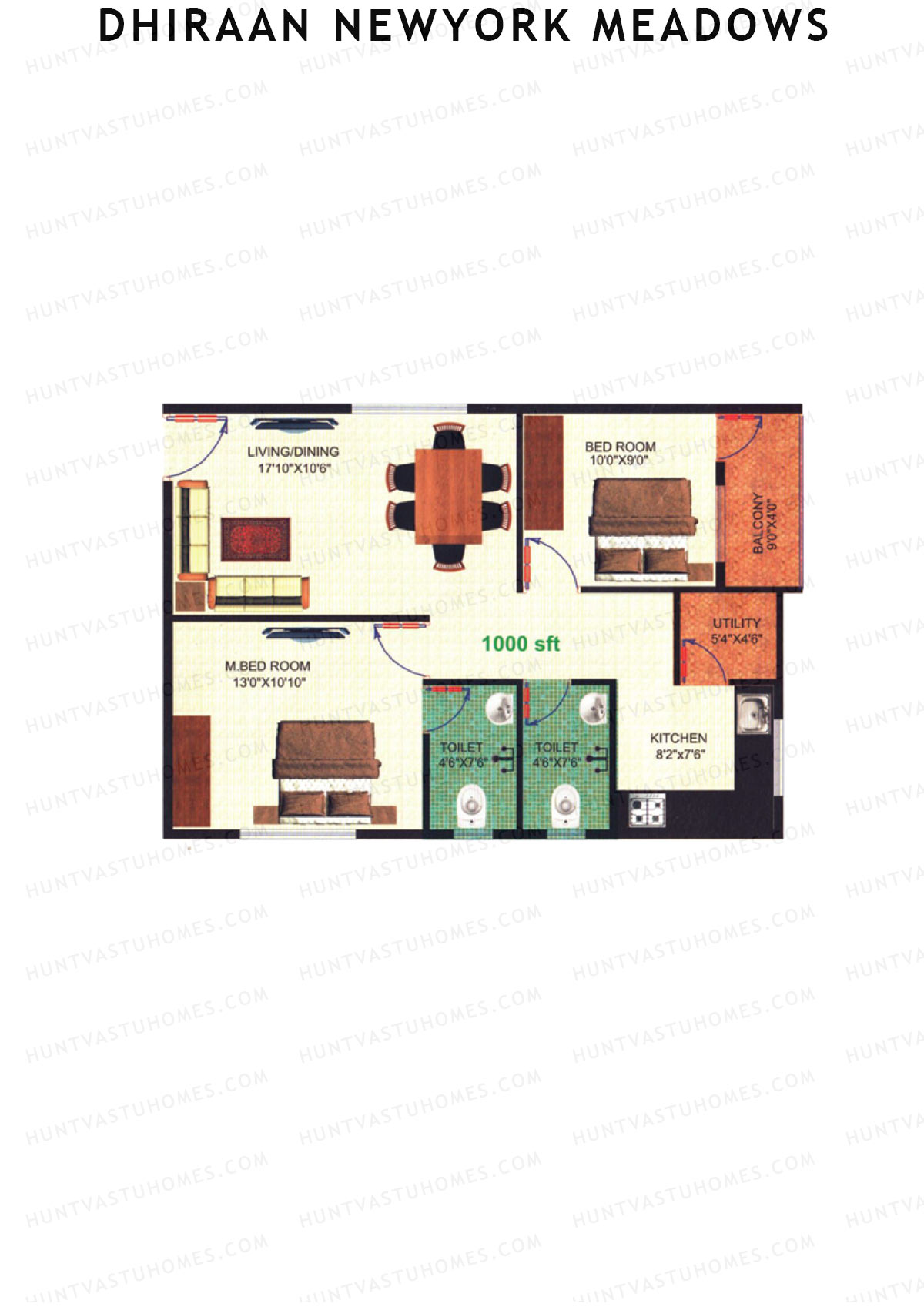 Dhiraan Newyork Meadows, Block A, Unit 12, 2BHK, Super Area 1000   sq ft 