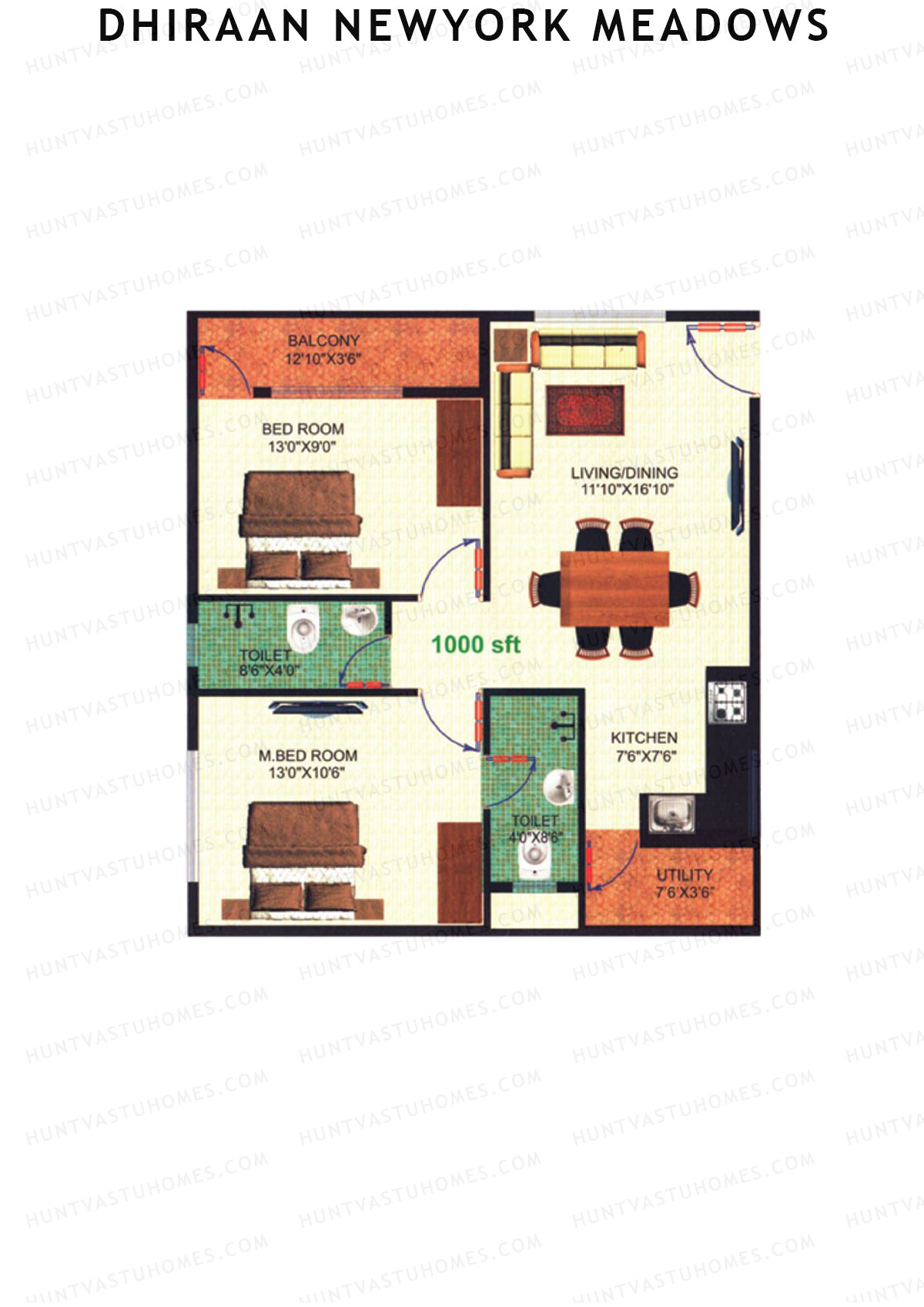 Dhiraan Newyork Meadows, Block A, Unit 15, 2BHK, Super Area 1000   sq ft 