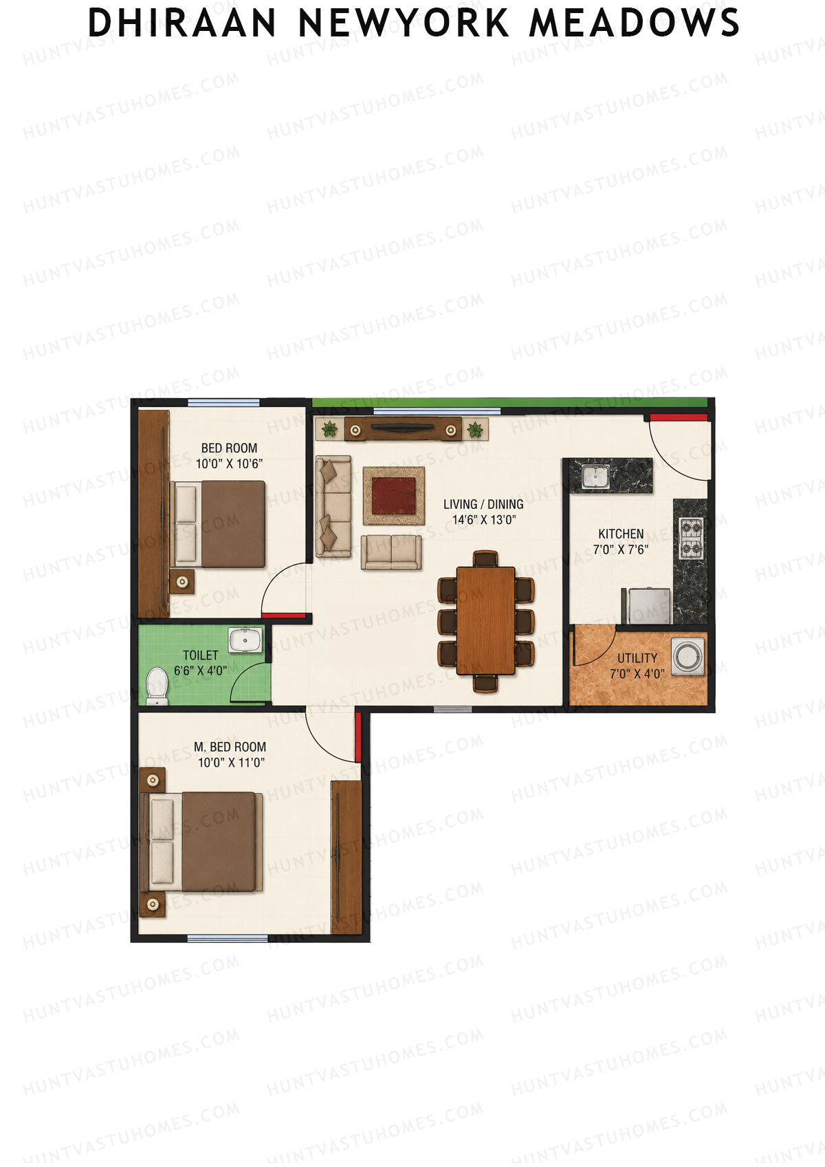 Dhiraan Newyork Meadows, Block A, Unit 16, 2BHK, Super Area 885   sq ft 
