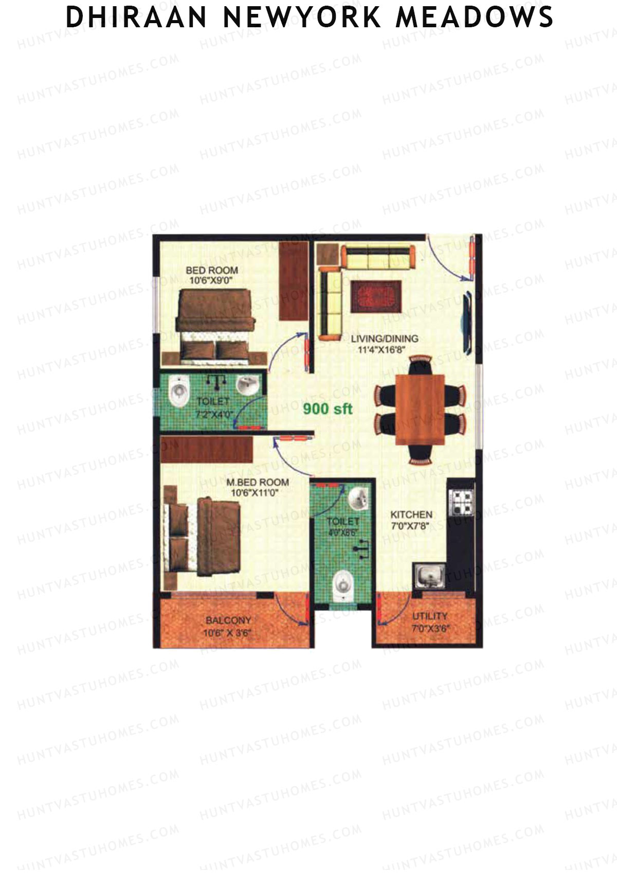 Dhiraan Newyork Meadows, Block A, Unit 23, 2BHK, Super Area 900   sq ft 