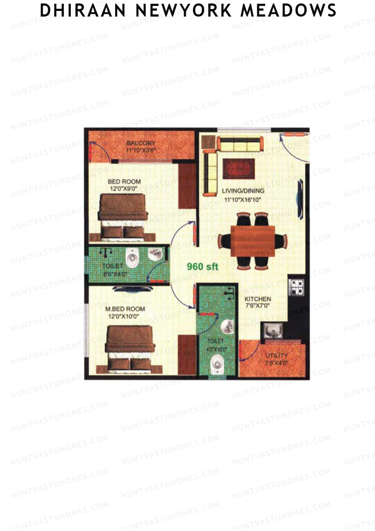 Dhiraan Newyork Meadows, Block A, Unit 2, 2BHK, Super Area 960   sq ft 