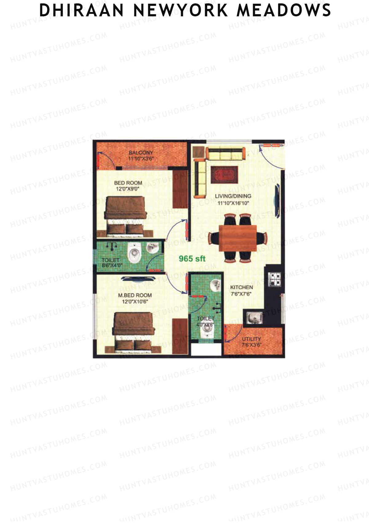 Dhiraan Newyork Meadows, Block B, Unit 44, 2BHK, Super Area 965   sq ft 