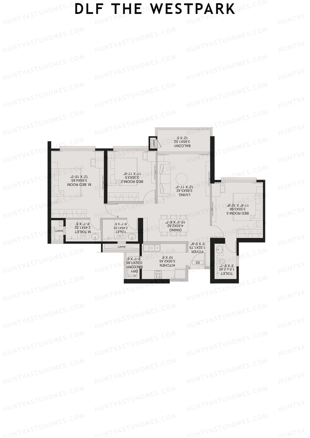 DLF The Westpark, Tower 3, Unit 3, 3BHK, Carpet Area 1126   sq ft 