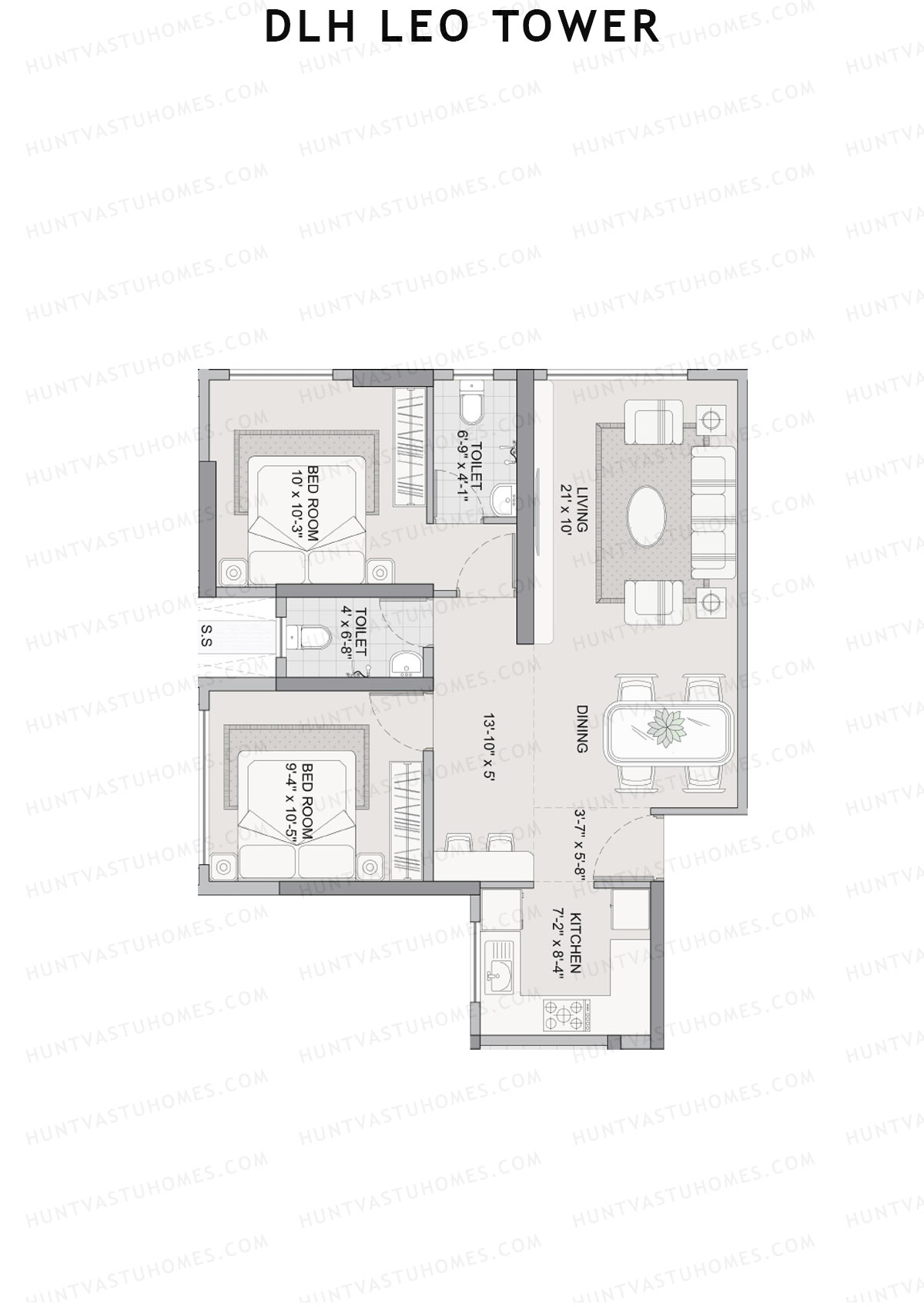 DLH Leo Tower, Tower A, Unit 1, 2BHK, Carpet Area 670   sq ft 