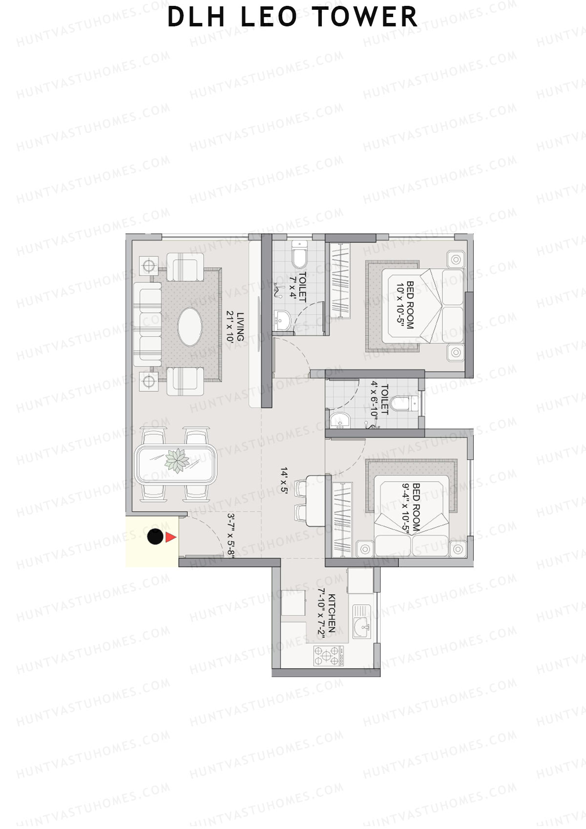 DLH Leo Tower, Tower A, Unit 2, 2BHK, Carpet Area 670   sq ft 