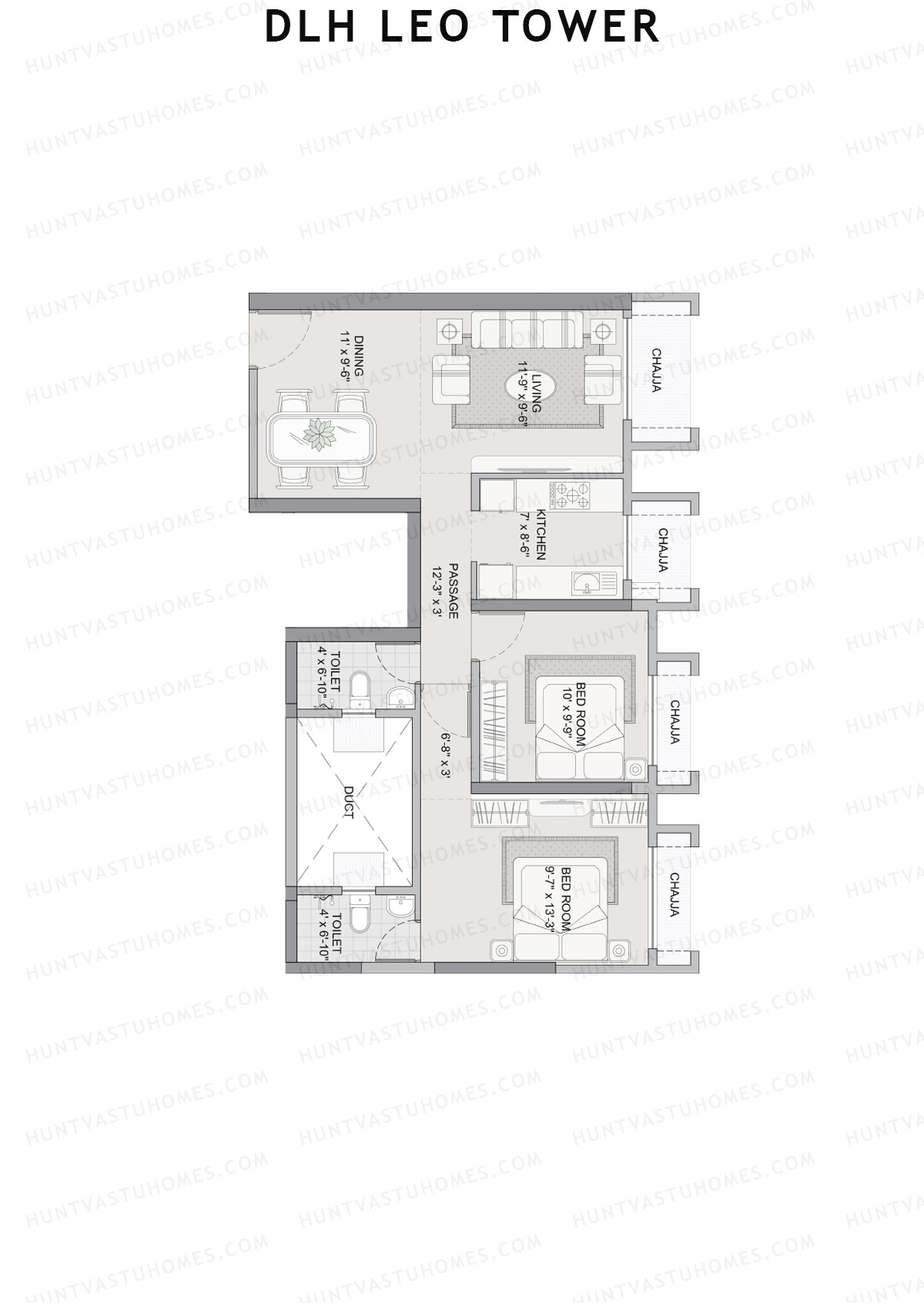 DLH Leo Tower, Tower A, Unit 3, 2BHK, Carpet Area 650   sq ft 