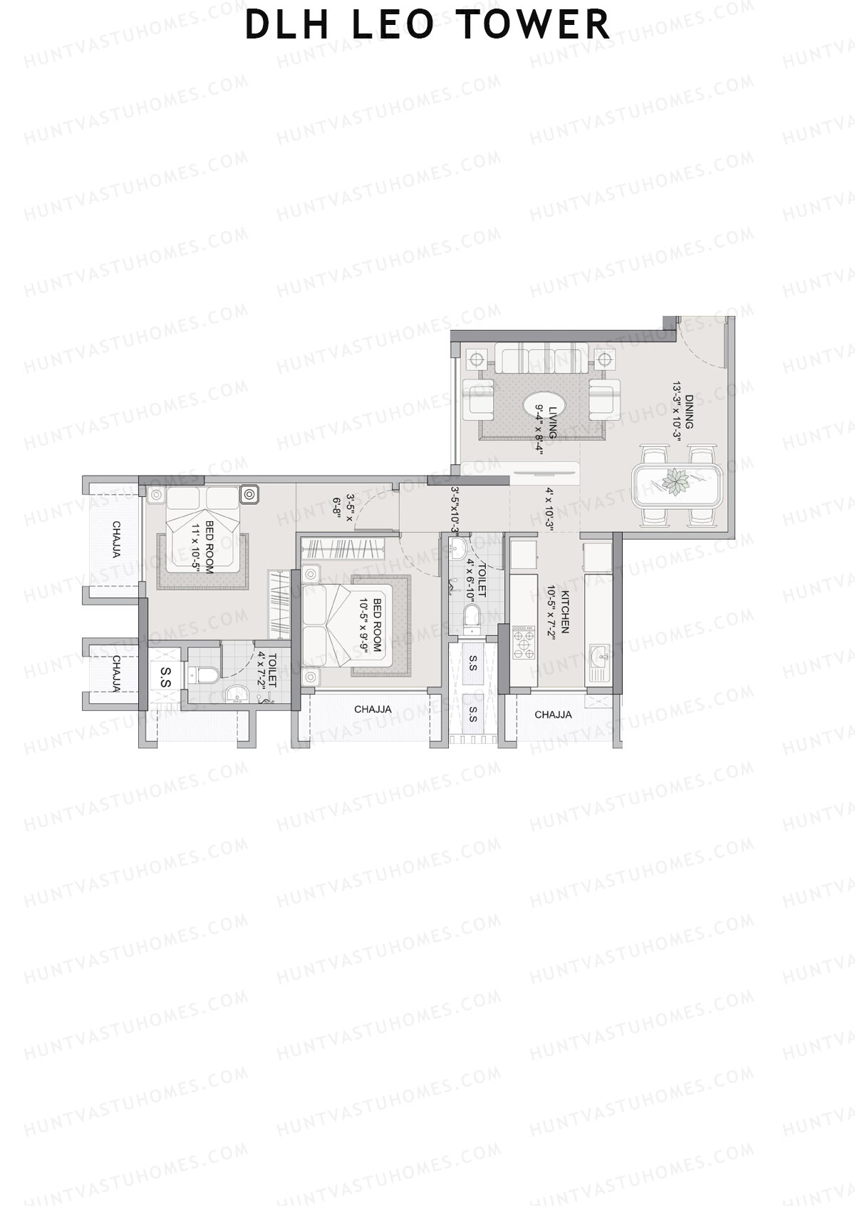 DLH Leo Tower, Tower A, Unit 5, 2BHK, Carpet Area 660   sq ft 