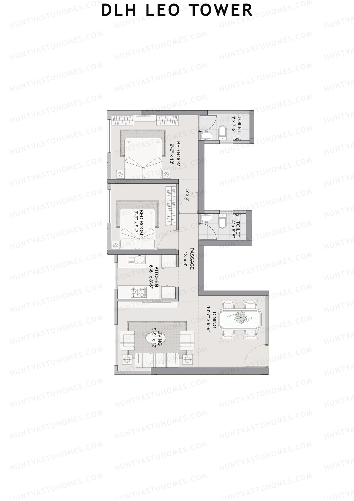 DLH Leo Tower, Tower A, Unit 6, 2BHK, Carpet Area 640   sq ft 