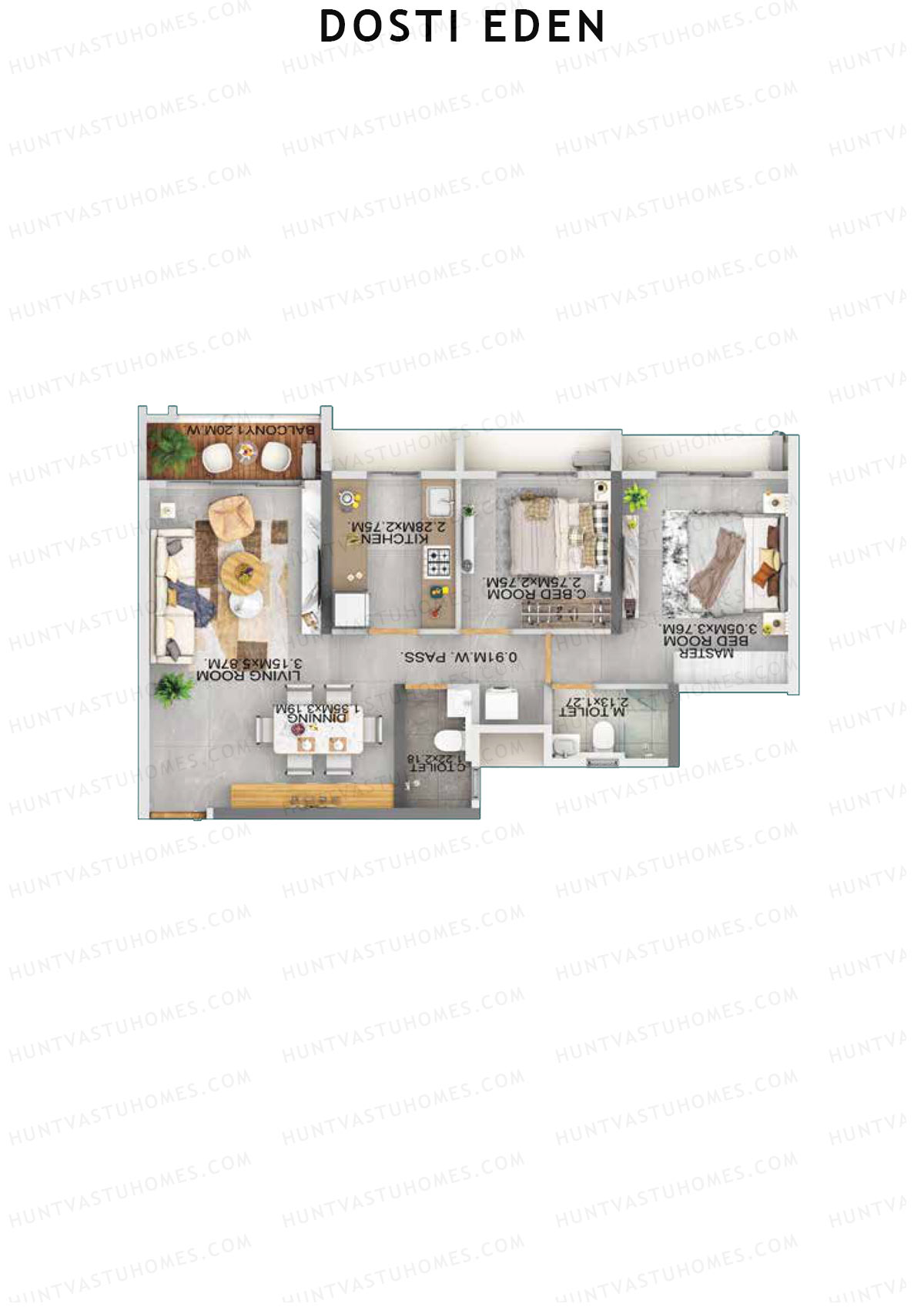 Dosti Eden Wing A Unit 3 (Type 2) Floor Plan