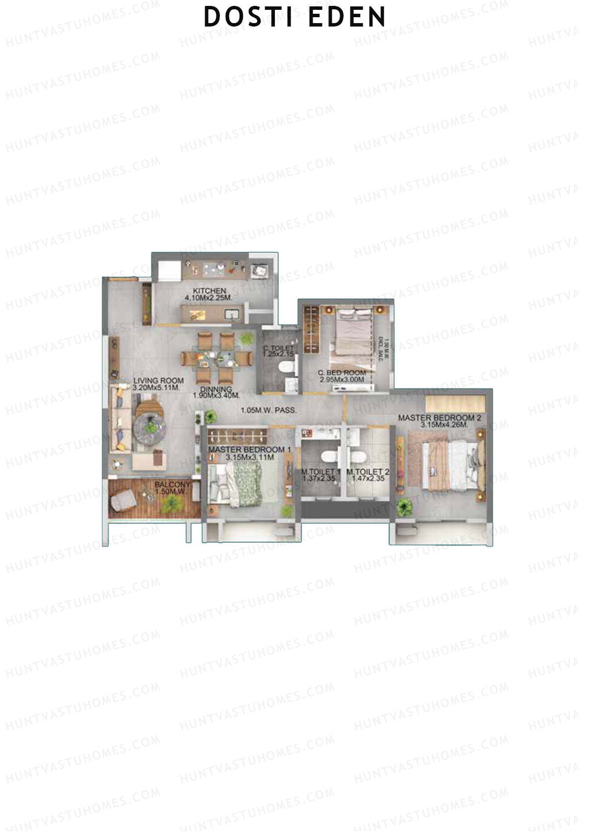 Dosti Eden Wing B Unit 3 (Type 2) Floor Plan