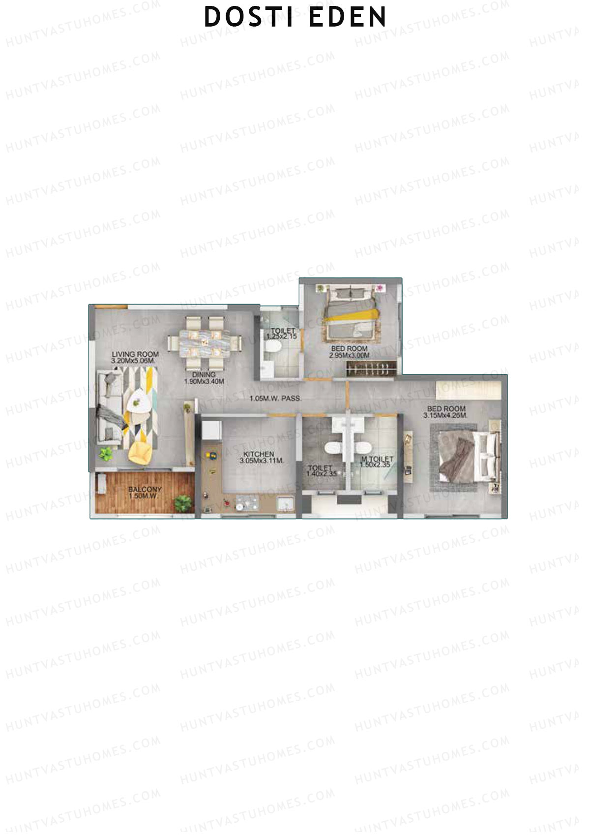 Dosti Eden Wing B Unit 3 (Type 3) Floor Plan