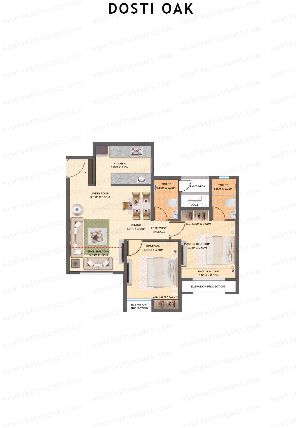 Dosti Oak Wing B Unit 6 (Type 1) Floor Plan