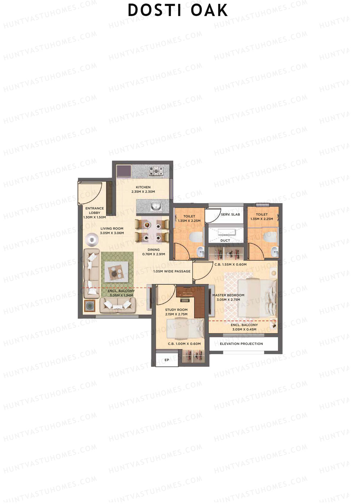 Dosti Oak Wing D Unit 1 (Type 2) Floor Plan