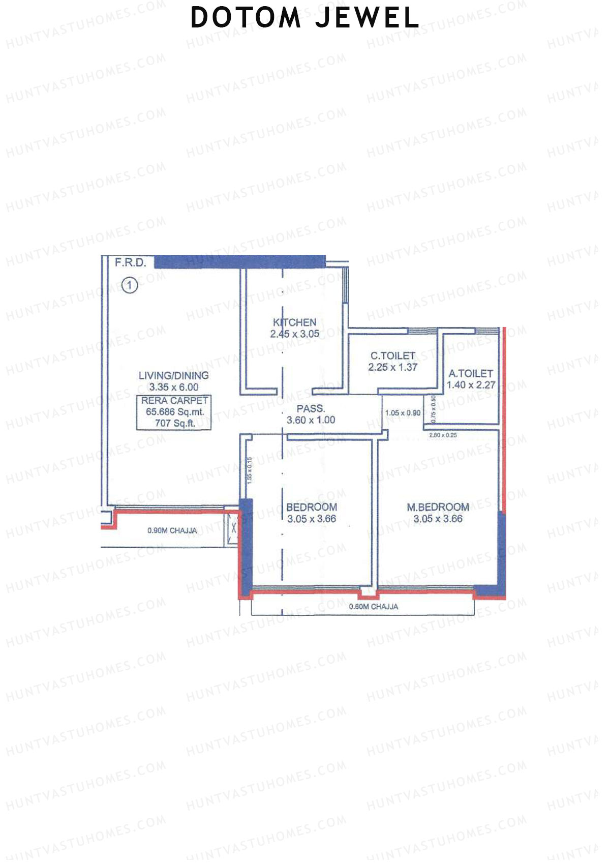 Dotom Jewel, Tower 1, Unit 1, 2BHK, Carpet Area 707   sq ft 