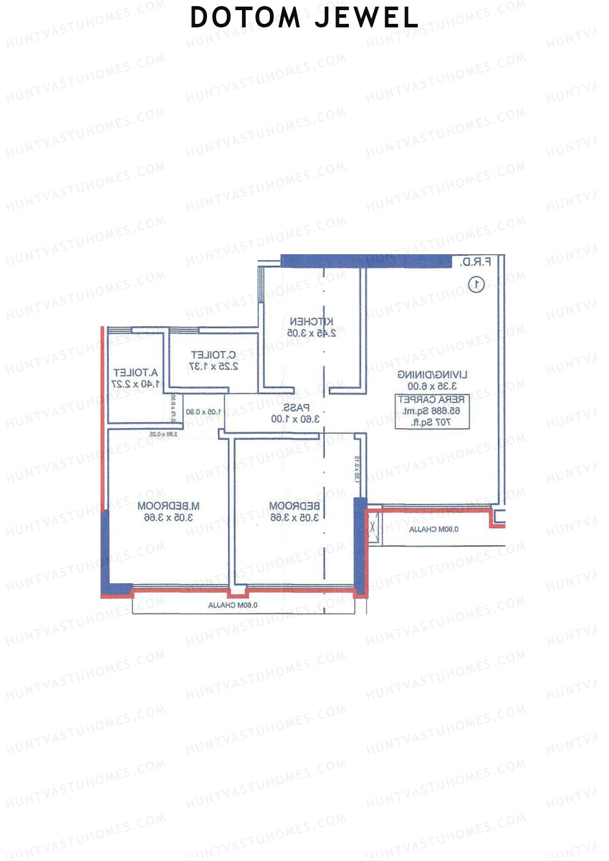 Dotom Jewel, Tower 1, Unit 2, 2BHK, Carpet Area 707   sq ft 