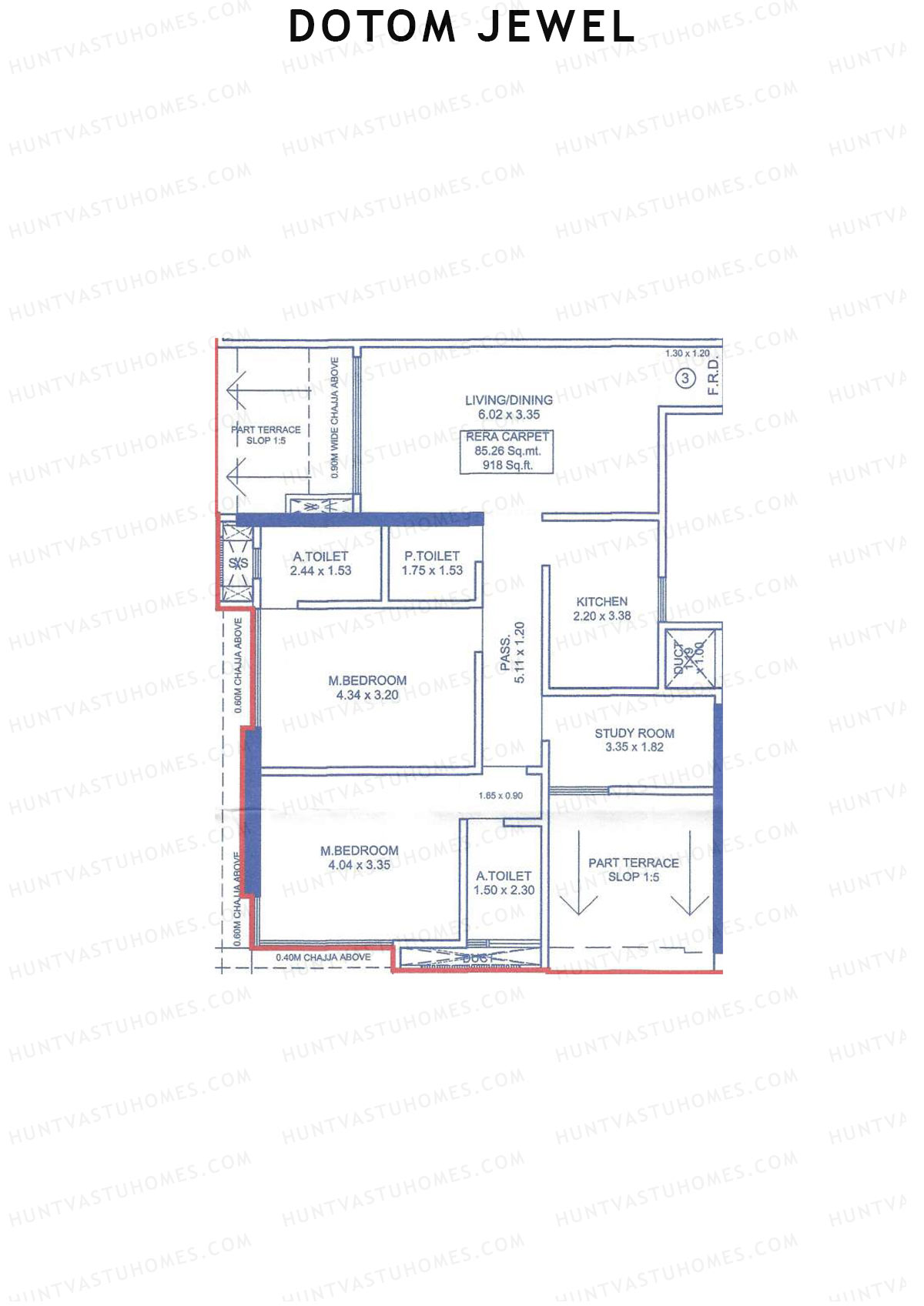 Dotom Jewel, Tower 1, Unit 3, 2BHK, Carpet Area 918   sq ft 