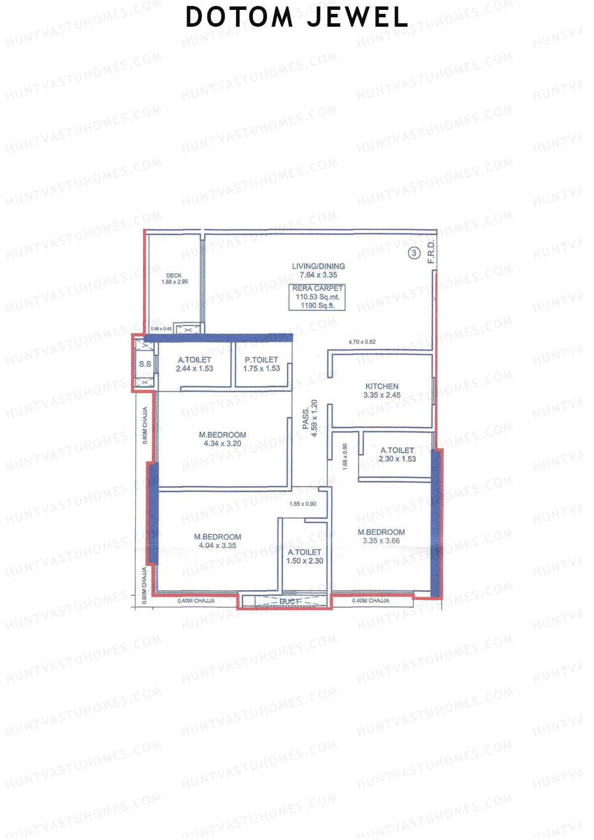Dotom Jewel, Tower 1, Unit 3, 3BHK, Carpet Area 1190   sq ft 