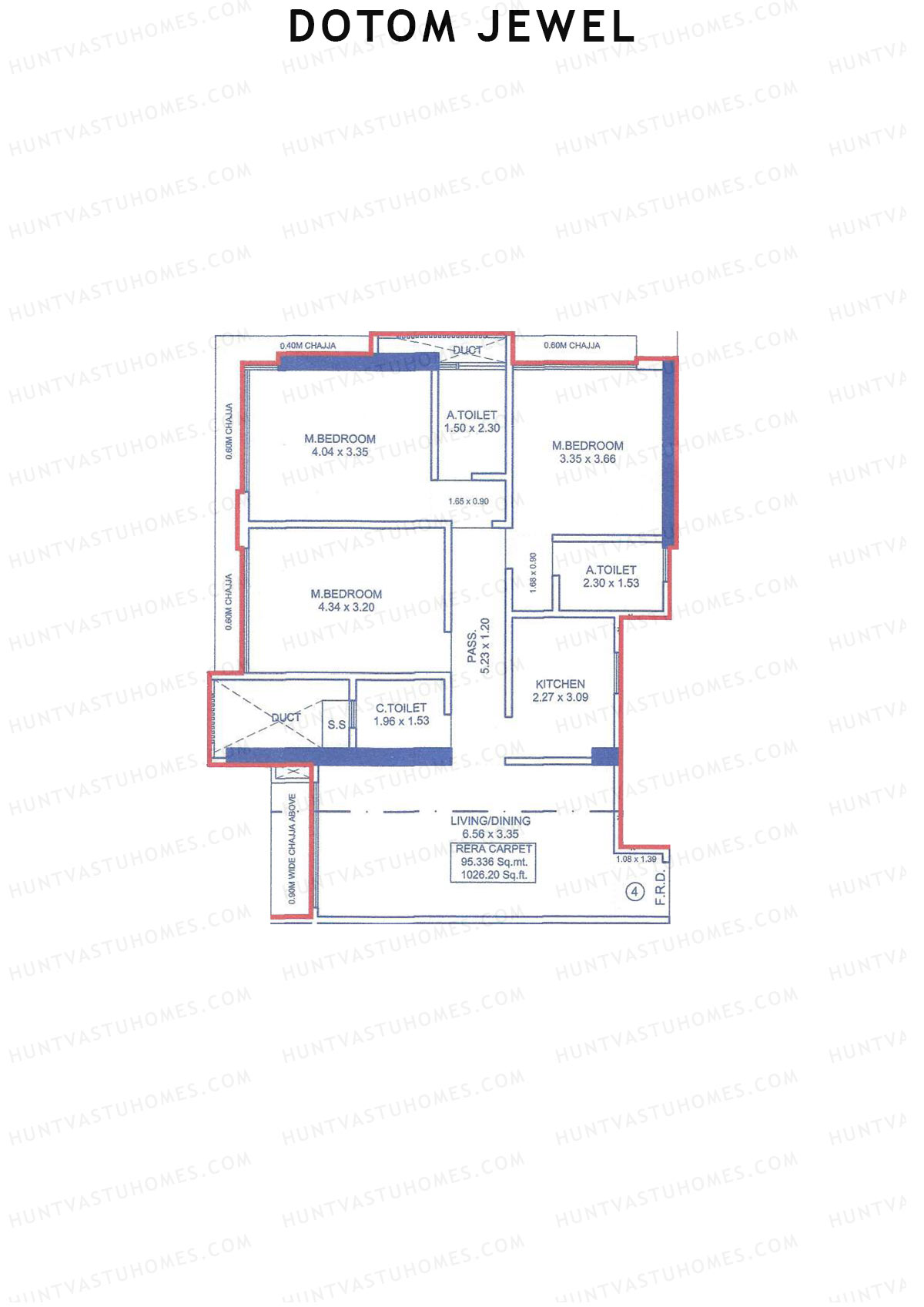Dotom Jewel, Tower 1, Unit 4, 3BHK, Carpet Area 1026   sq ft 