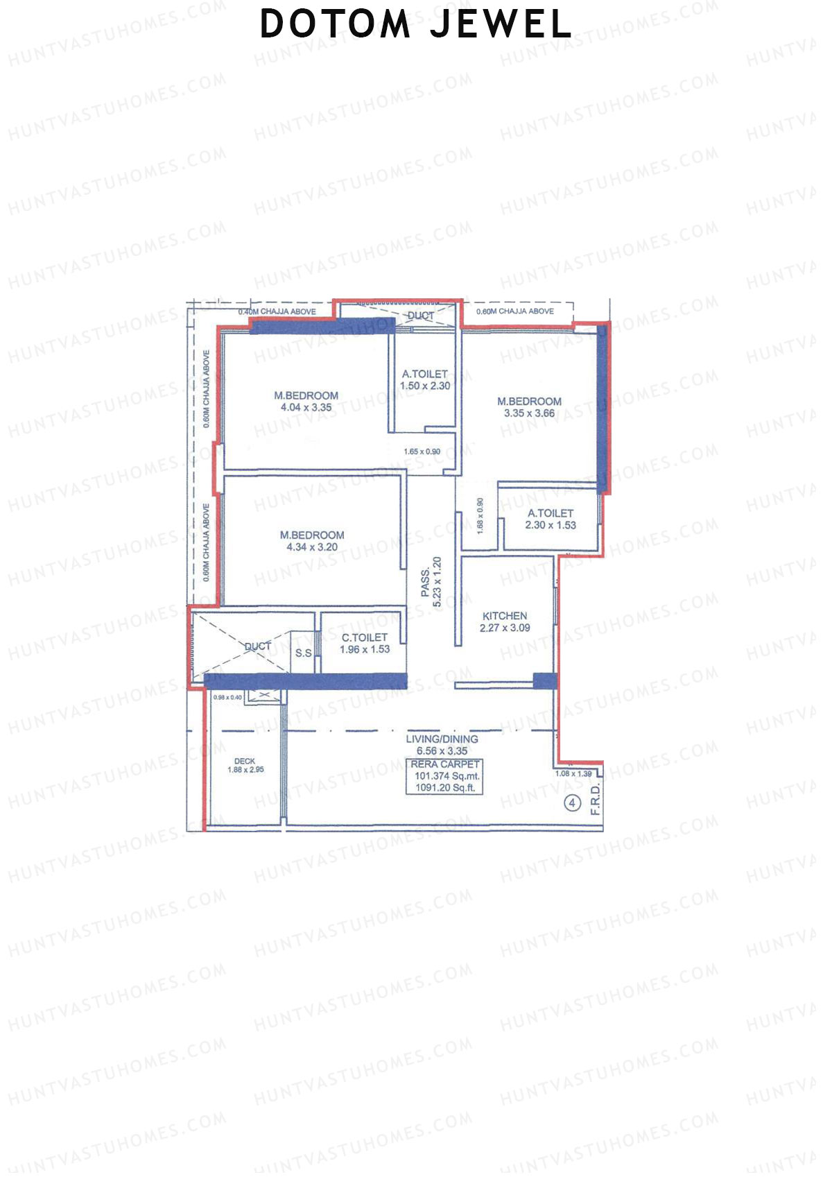 Dotom Jewel, Tower 1, Unit 4, 3BHK, Carpet Area 1091   sq ft 