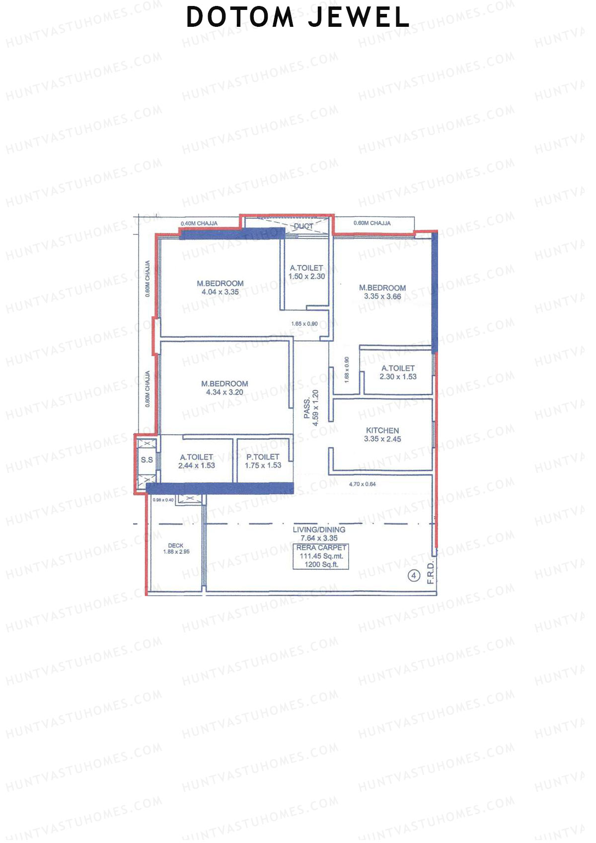 Dotom Jewel, Tower 1, Unit 4, 3BHK, Carpet Area 1200   sq ft 