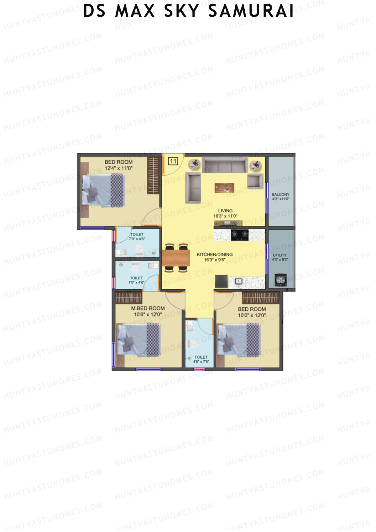 DS Max Sky Samurai, Block A, Unit 11, 3BHK, Super Area 1355   sq ft 
