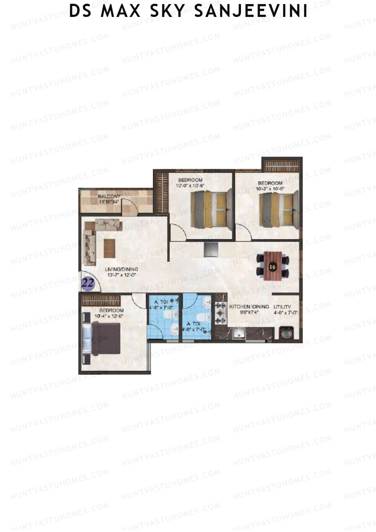 DS Max Sky Sanjeevini, Block Sanjeevini, Unit 22, 3BHK, Super Area 1308   sq ft 