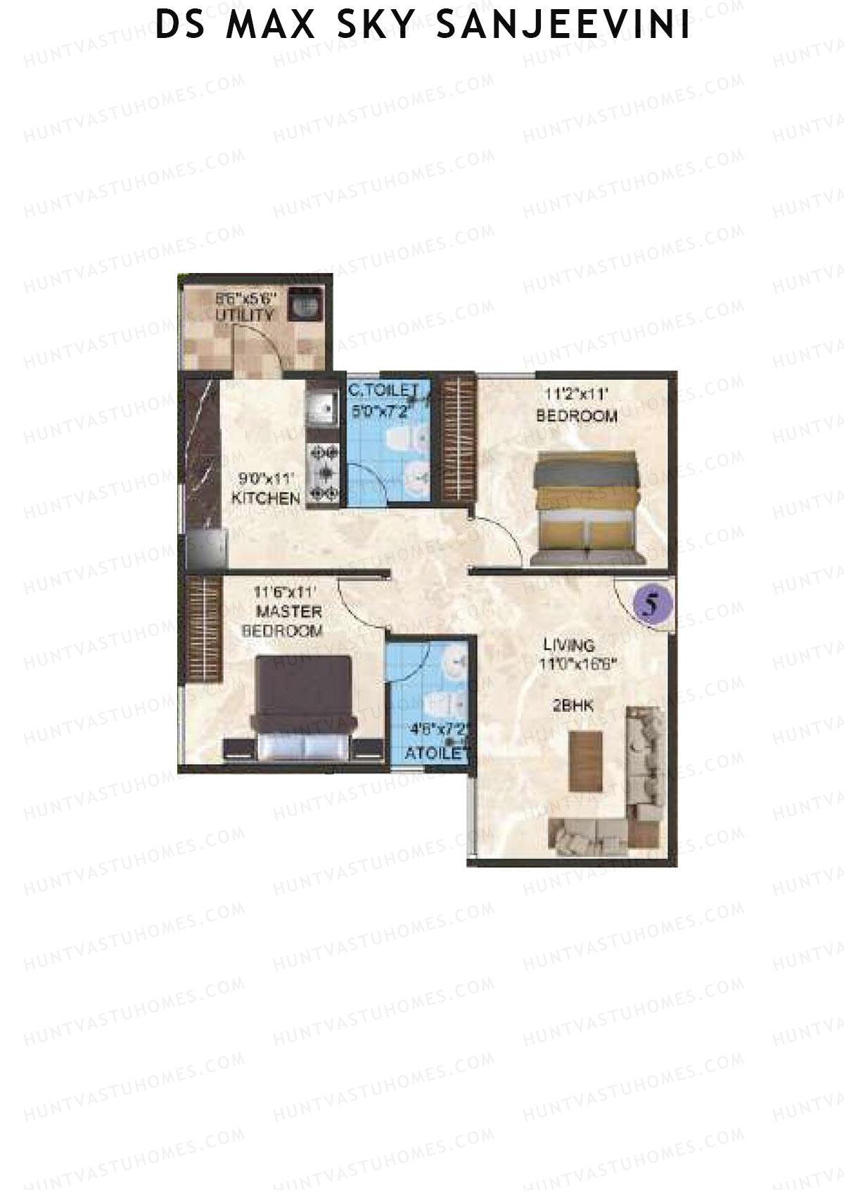 DS Max Sky Sanjeevini, Block Sanjeevini, Unit 3, 2BHK, Super Area 1017   sq ft 