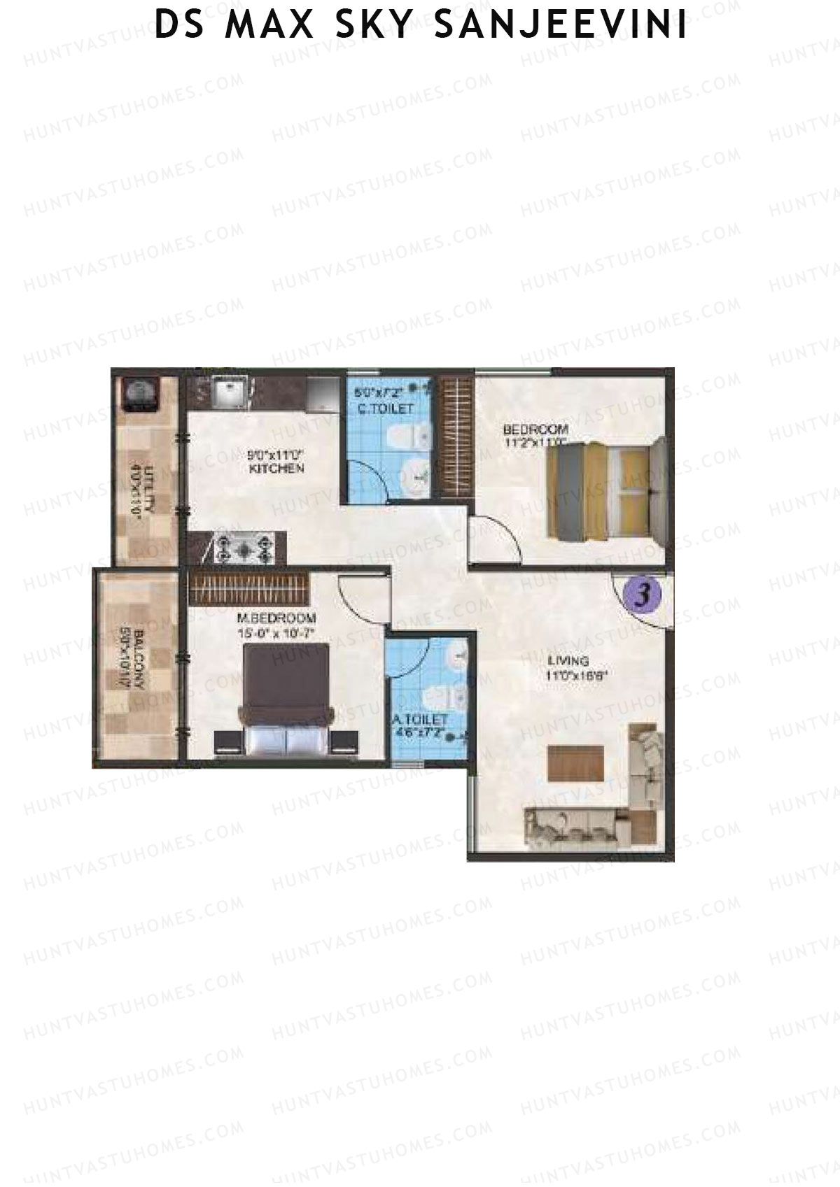 DS Max Sky Sanjeevini, Block Sanjeevini, Unit 3, 2BHK, Super Area 1101   sq ft 