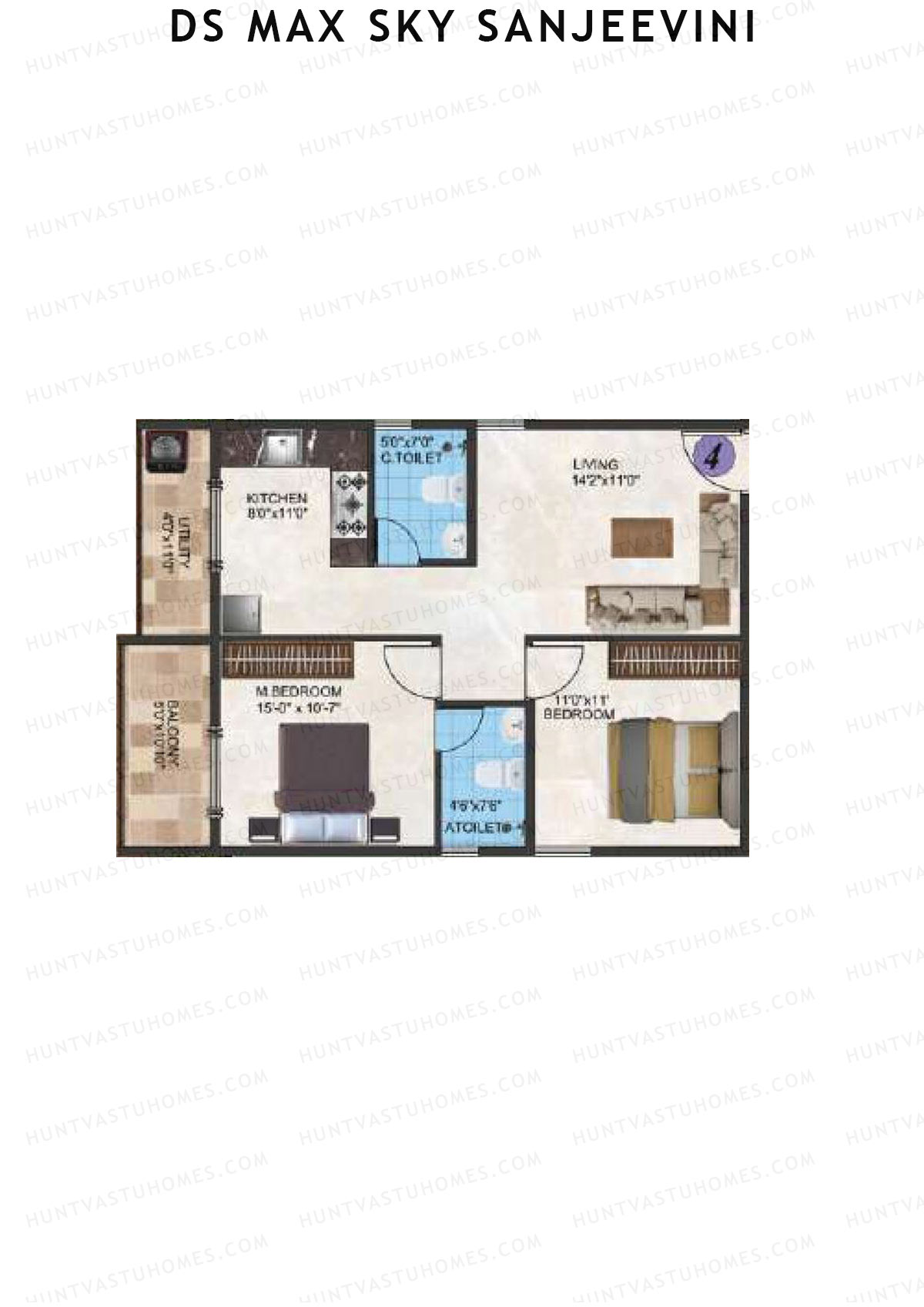 DS Max Sky Sanjeevini, Block Sanjeevini, Unit 4, 2BHK, Super Area 1017   sq ft 