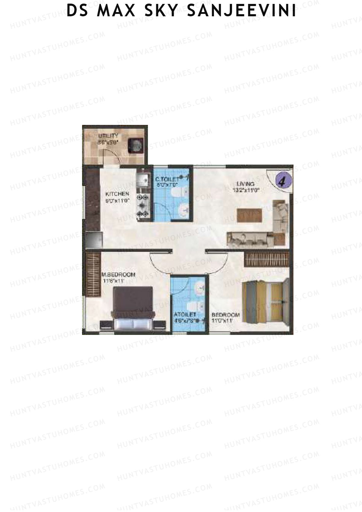 DS Max Sky Sanjeevini, Block Sanjeevini, Unit 4, 2BHK, Super Area 930   sq ft 