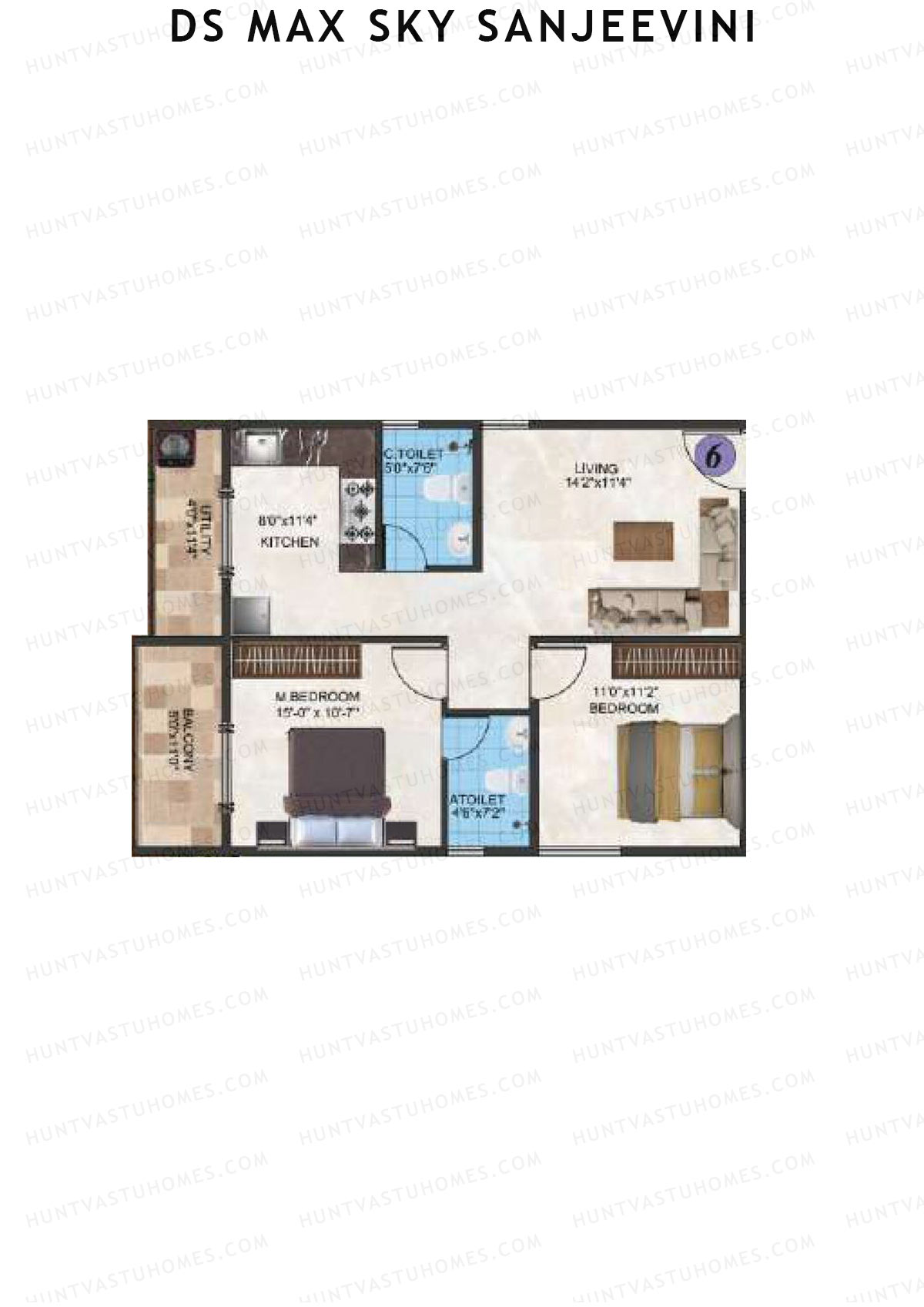 DS Max Sky Sanjeevini, Block Sanjeevini, Unit 6, 2BHK, Super Area 1039   sq ft 