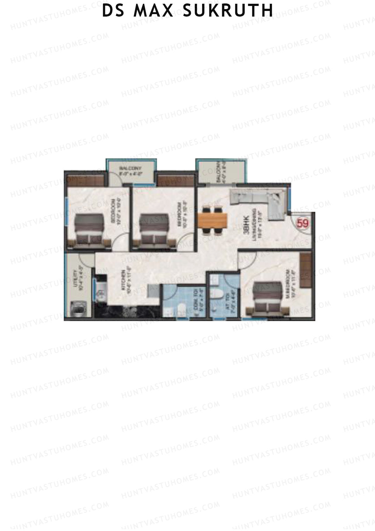 DS Max Sukruth, Sukruth, Unit 59, 3BHK, Super Area 1352   sq ft 