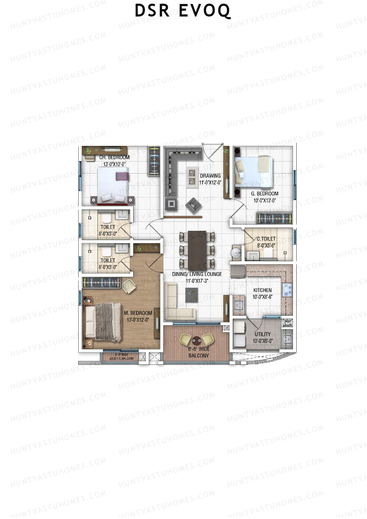 DSR Evoq, Tower 1, Unit 5, 3BHK, Super Area 1719   sq ft 