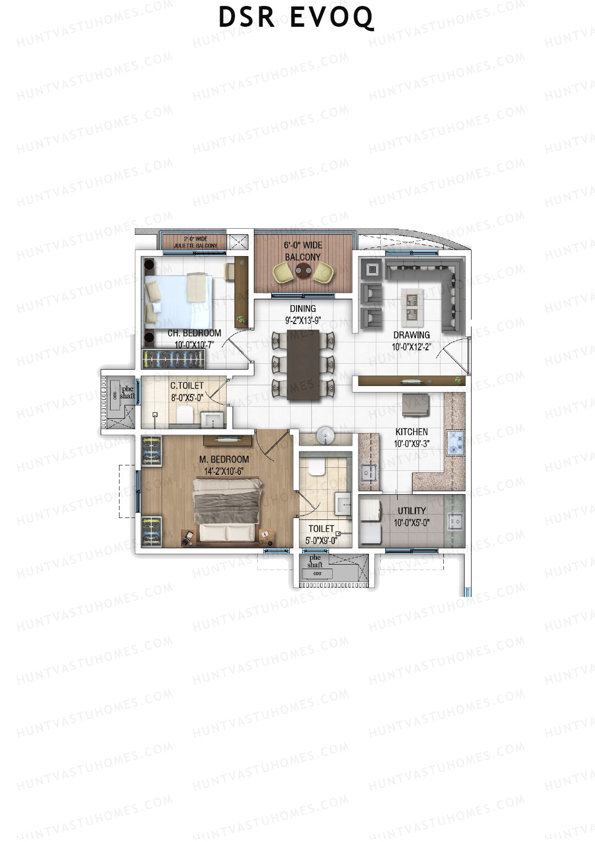 DSR Evoq, Tower 3, Unit 1, 2BHK, Super Area 1227   sq ft 